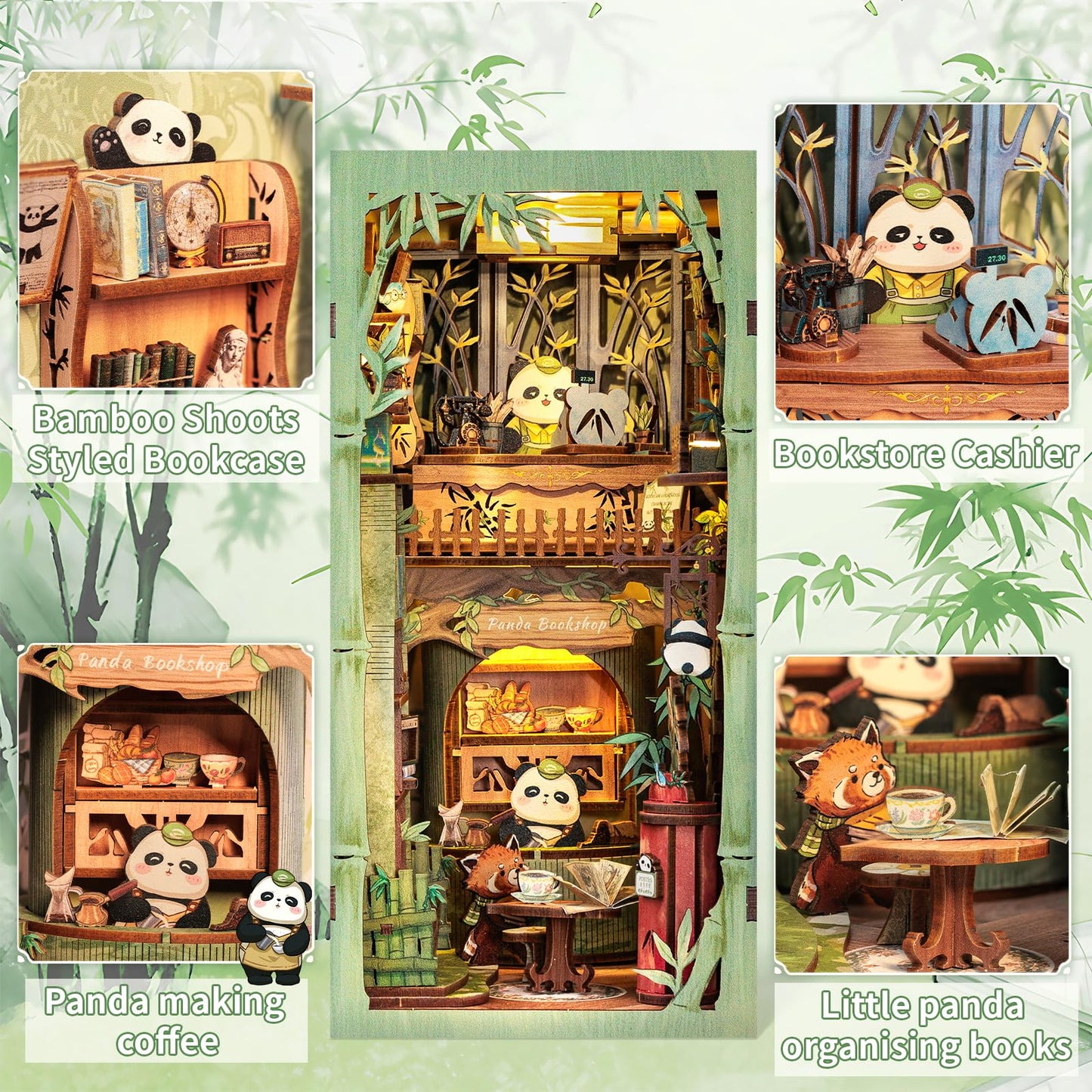 CUTEBEE Book Nook Kit - DIY Miniature House Dollhouse Kit for mature-themed and Teens  Booknook Bookshelf Decor Alley Model Build with LED Light  Gifts for Family and Friends (Panda Bookshop)