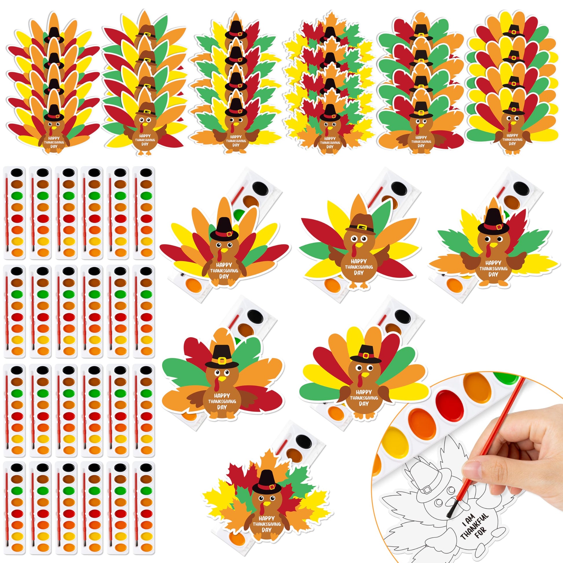 K1tpde Thanksgiving Crafts with Watercolor Paint - 24 Set DIY Watercolor Paint Bulk with Turkey Greeting Card Kit for Kids Schoo