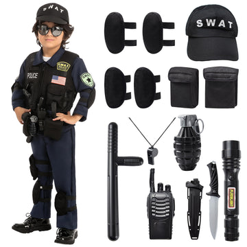 Spooktacular Creations Kids Police SWAT Costume Set, Medium (8-10 yrs) for Halloween Cosplay, Role-Playing, Themed Parties - Black