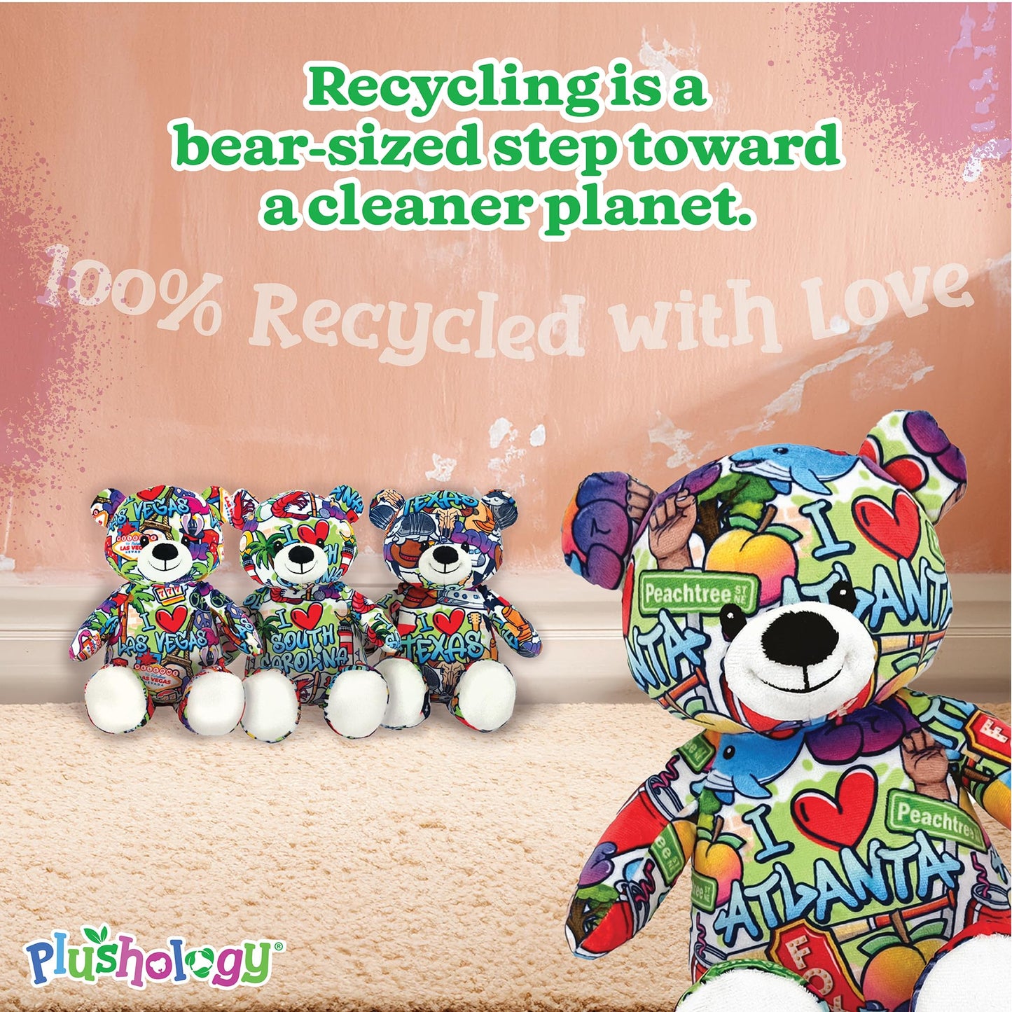 PLUSHOLOGY I Love Atlanta Graffiti Teddy Bear Eco Friendly Stuffed Animal; Cuddly Soft Velboa Plush Animal for Kids 3 Years Old to mature-themeds; Child-Safe Embroidered Face Details (10 Tall When Seated)