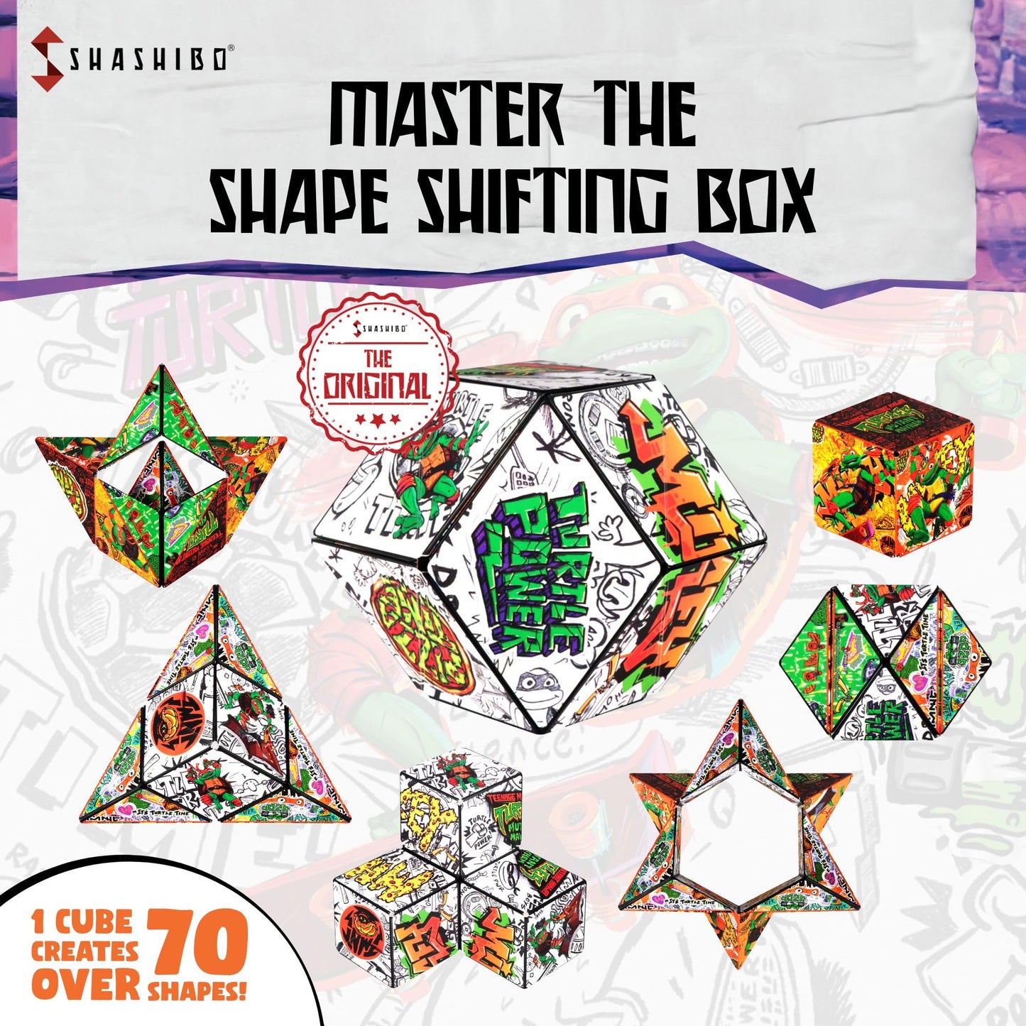 Shashibo Shape Shifting Box - Magnetic Puzzle Cube, 36 Rare Earth Magnets, Mikey Series 1, Turtles Color