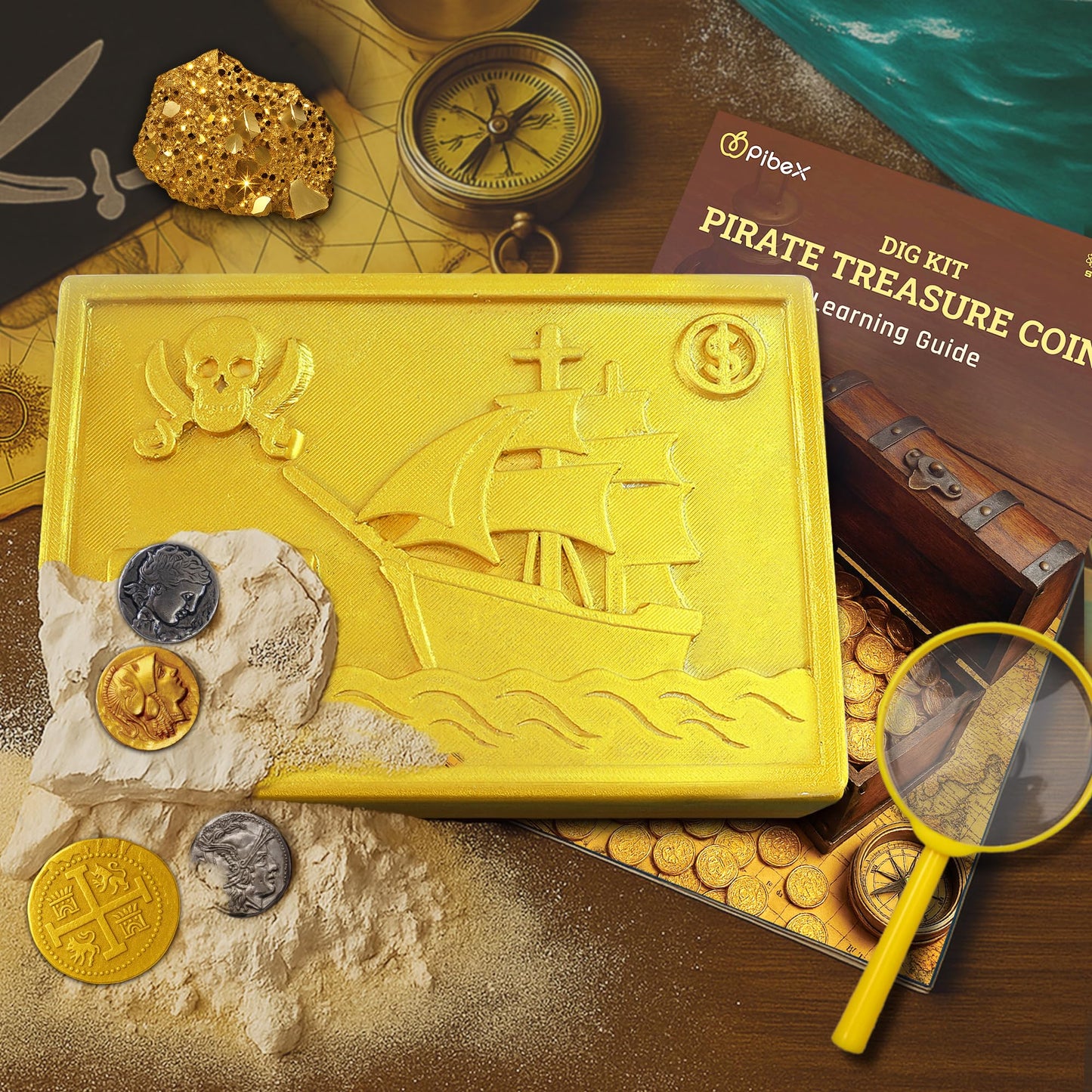 PIBEX Pirate Treasure Coins Dig Kit – 16+ Ancient Metal Replicas, Golden Charms, STEM Toy for Kids, 2.87 x 8.03 x 11.02 inches