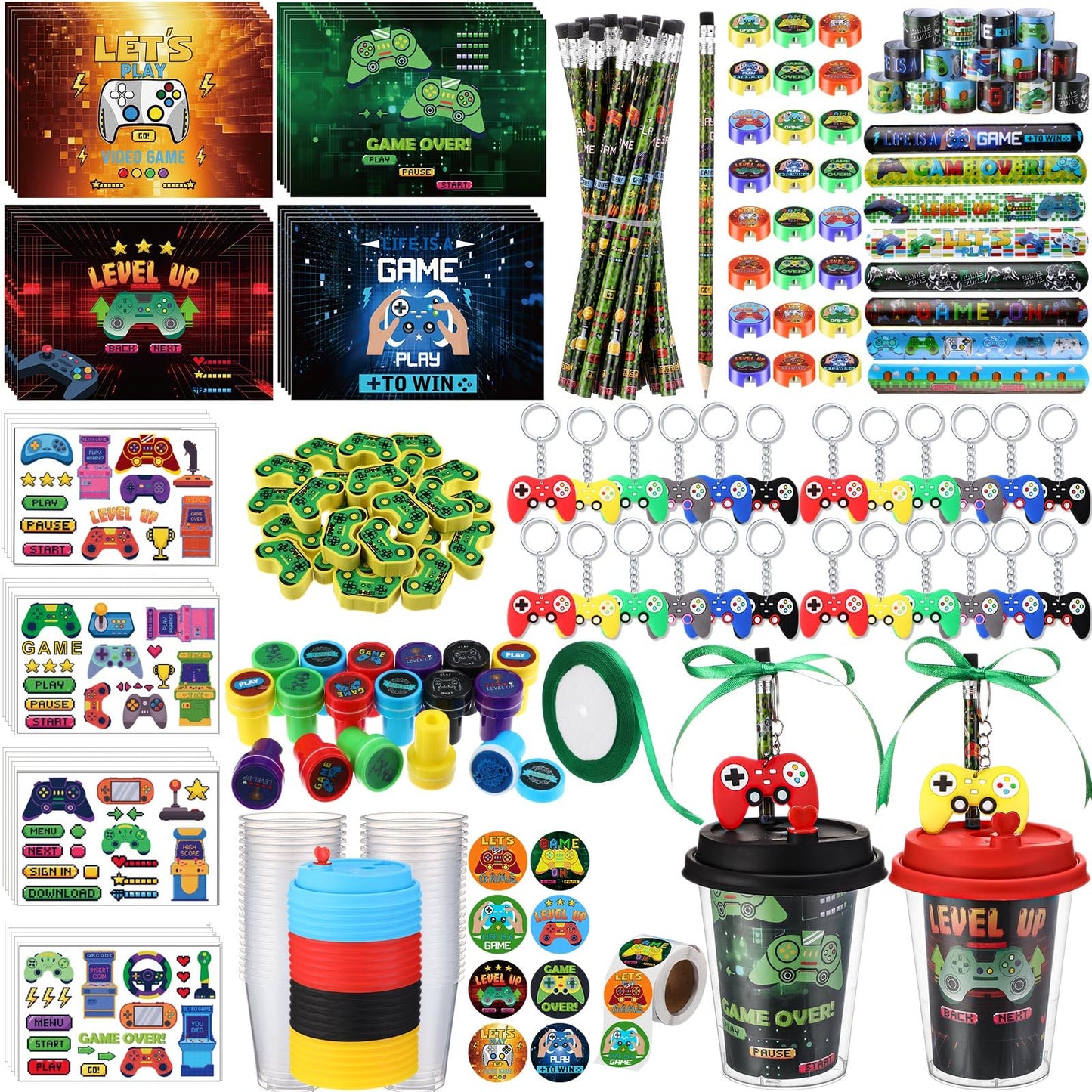 Watersay 218 Pcs Video Game Party Favors Set Includes Drink Cup with Lid Game Card Pencil Sharpener Eraser Stickers Slap Bracele