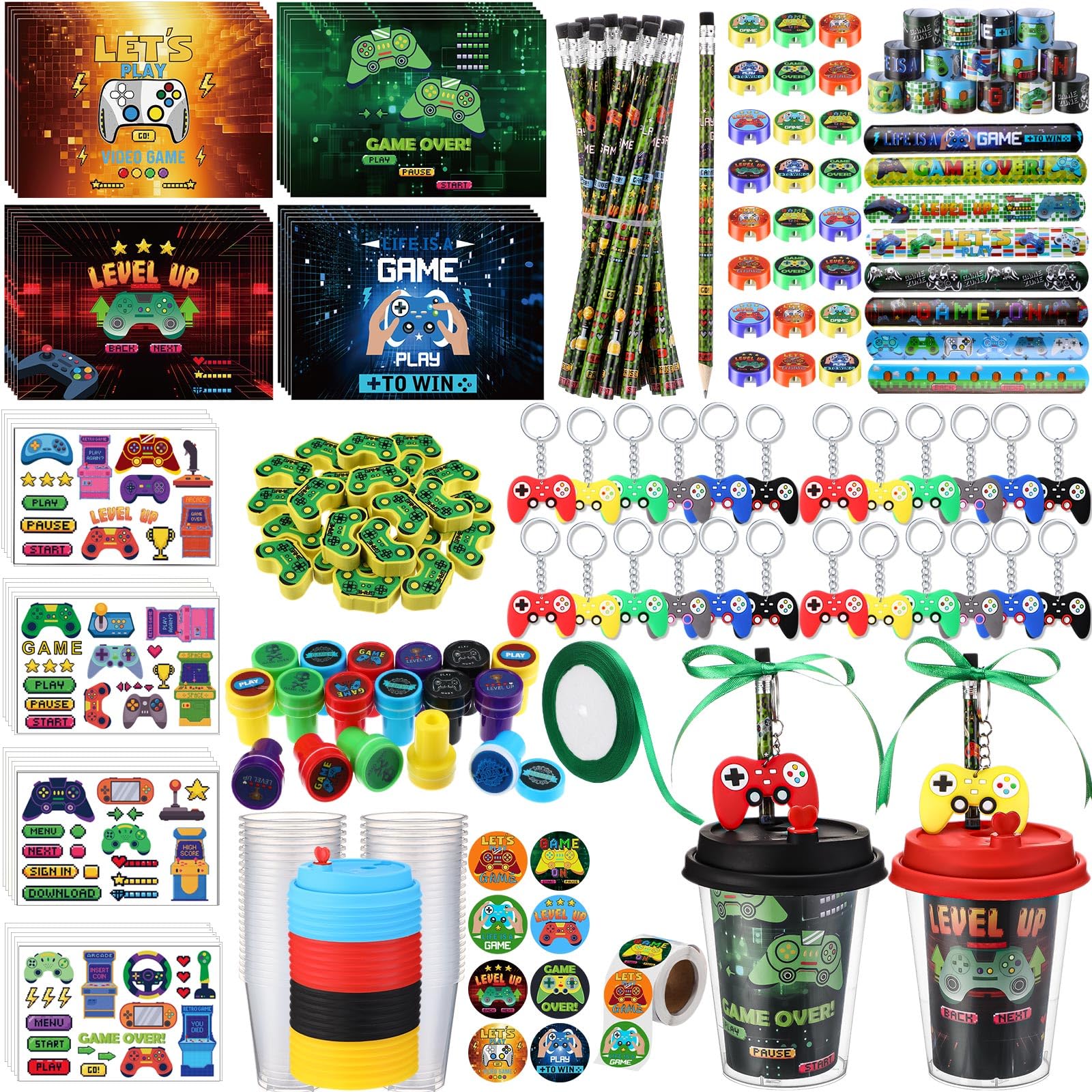 Watersay 218 Pcs Video Game Party Favors Set Includes Drink Cup with Lid Game Card Pencil Sharpener Eraser Stickers Slap Bracele