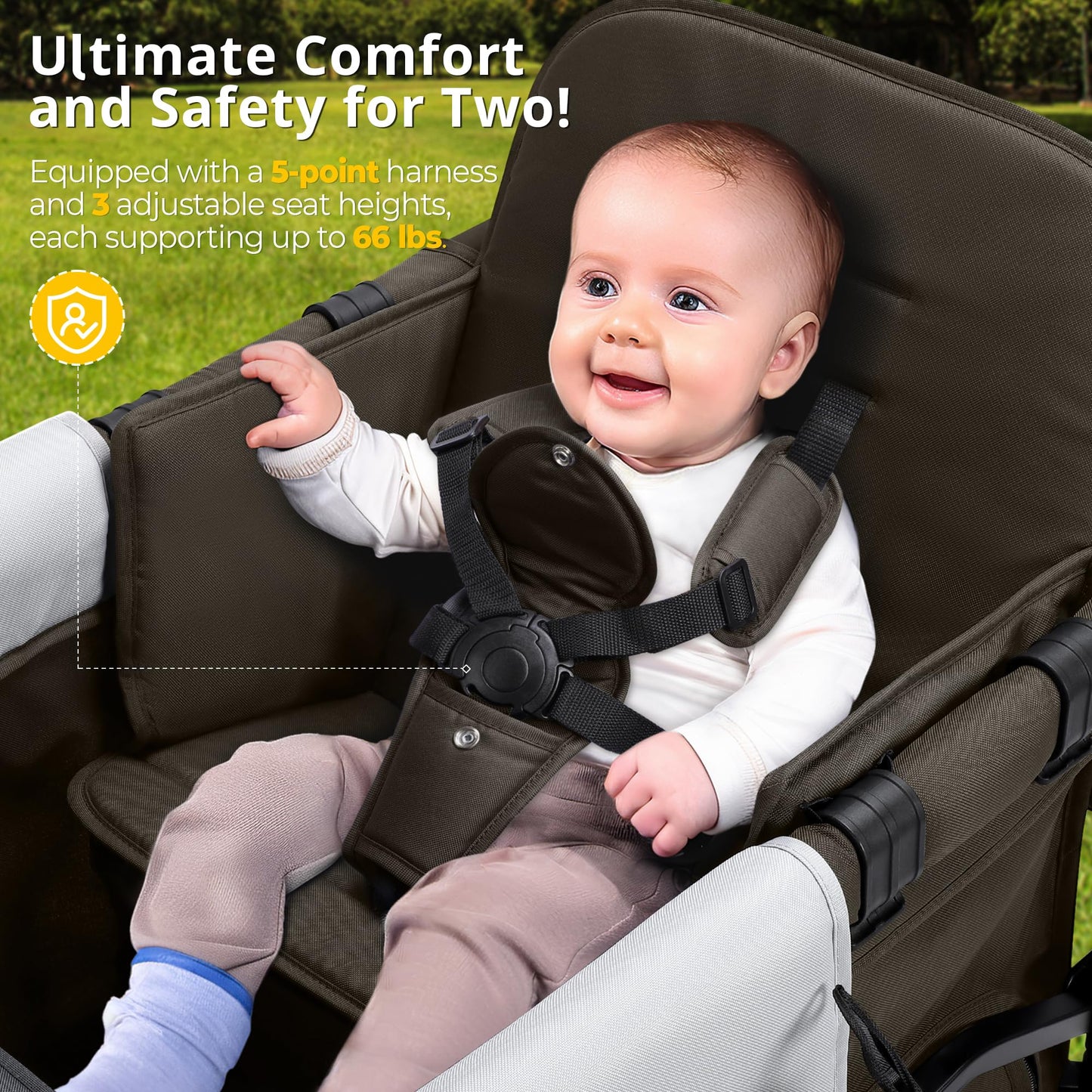Momfann Wagon Stroller For 2 Kids, Double-Seater Baby Wagon With Canopy, Adjustable Handle And Pull Bar, Compact Design For Todd