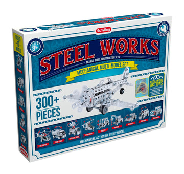 Schylling Steel Works Mechanical Multi-Model - Steel Building Set - Includes 300 Pieces, Tools, And Instructions To Make 10 Different Models - Ages 8 And Up