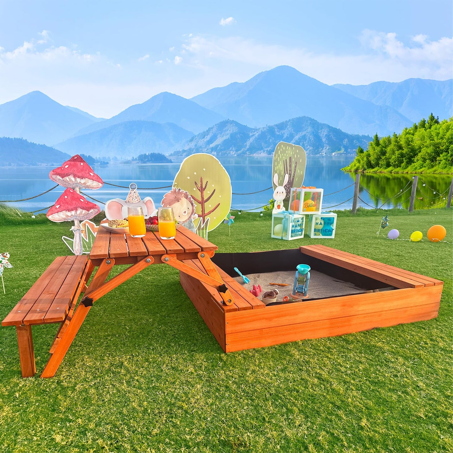Funxplore Wooden Kids Sandbox With Lid Sand Box With Cover Outdoor Sand Pit With Picnic Table Ages 4-8 Bottom Liner