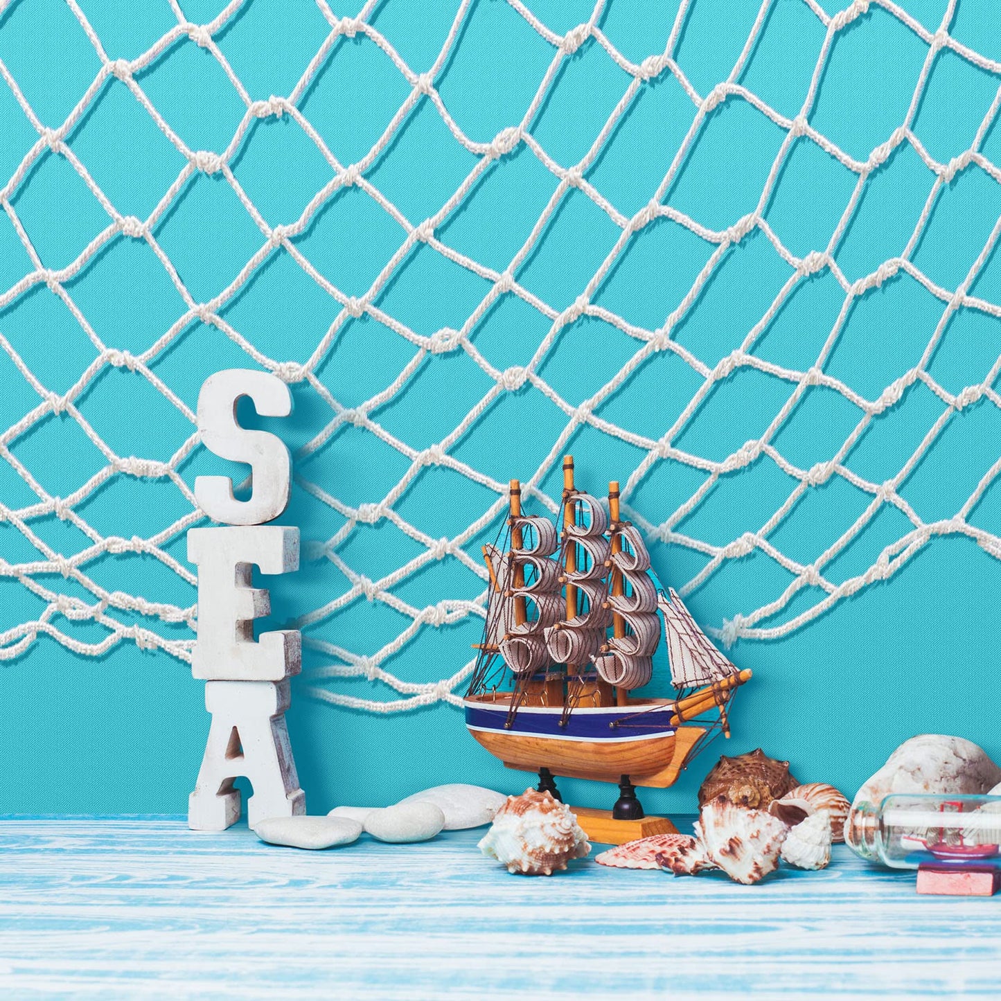 6 Pack Fish Net Decorative And Tablecloth Set, Cotton Fishnet And Plastic Table Cover Decorations Set For Nautical Themed Party