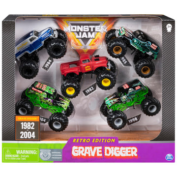 Monster Jam Grave Digger Monster Truck 5pc Value Pack: 1:64 Scale Retro Die-Cast Gift Set with Iconic Models (1982-2005) Chrome 