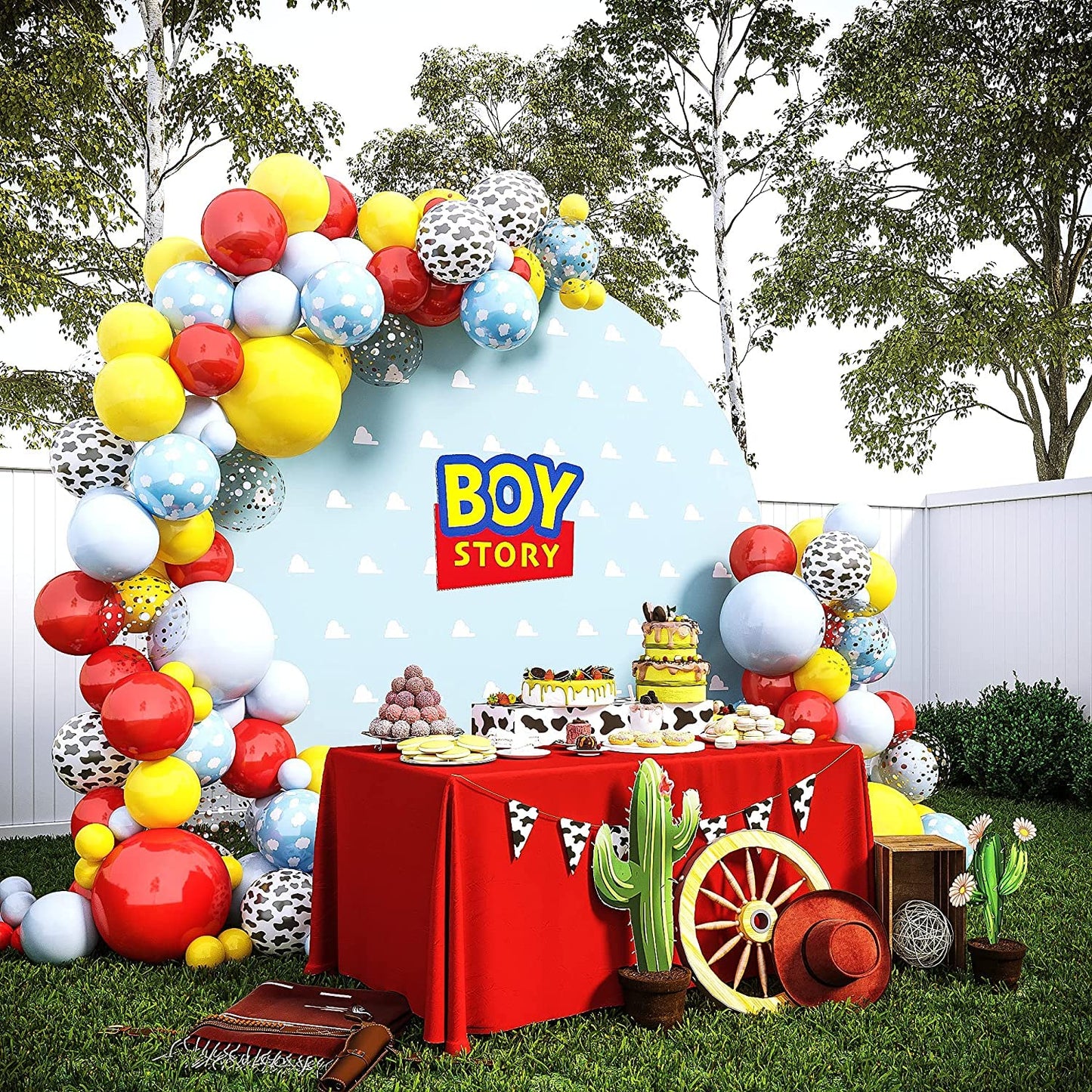 House Of Party Boy Story Balloons Garland Kit - 160 Pcs | Cow Pattern Cloud Yellow Red Blue Confetti Latex Balloons For Kids | B