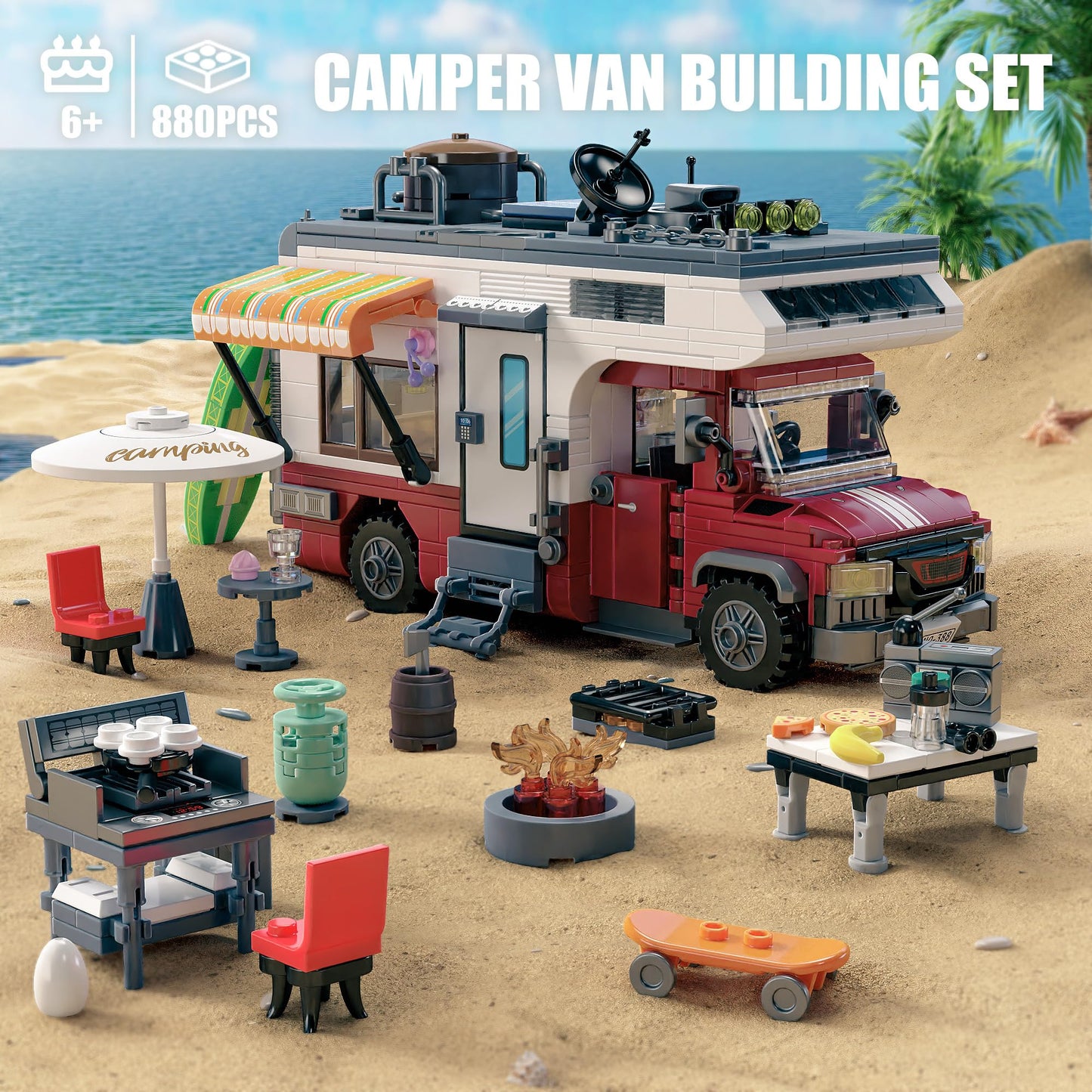 TGL TYCOLE City Camper Van Building Set - 880 pcs Plastic Toy Kit, Beach Camping Theme, RV Car Model, Red/Yellow/Black/White/Green