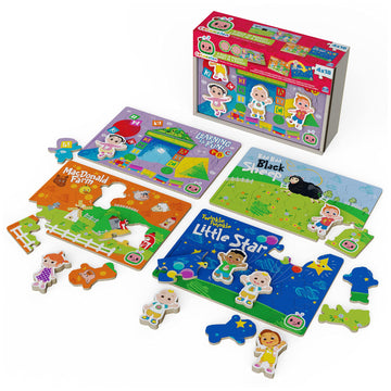 Cocomelon, 4-Pack Wooden Puzzles, 18-Pieces Each Jigsaw Toy Gift Set With Interchangeable Characters, For Kids Ages 3 And Up