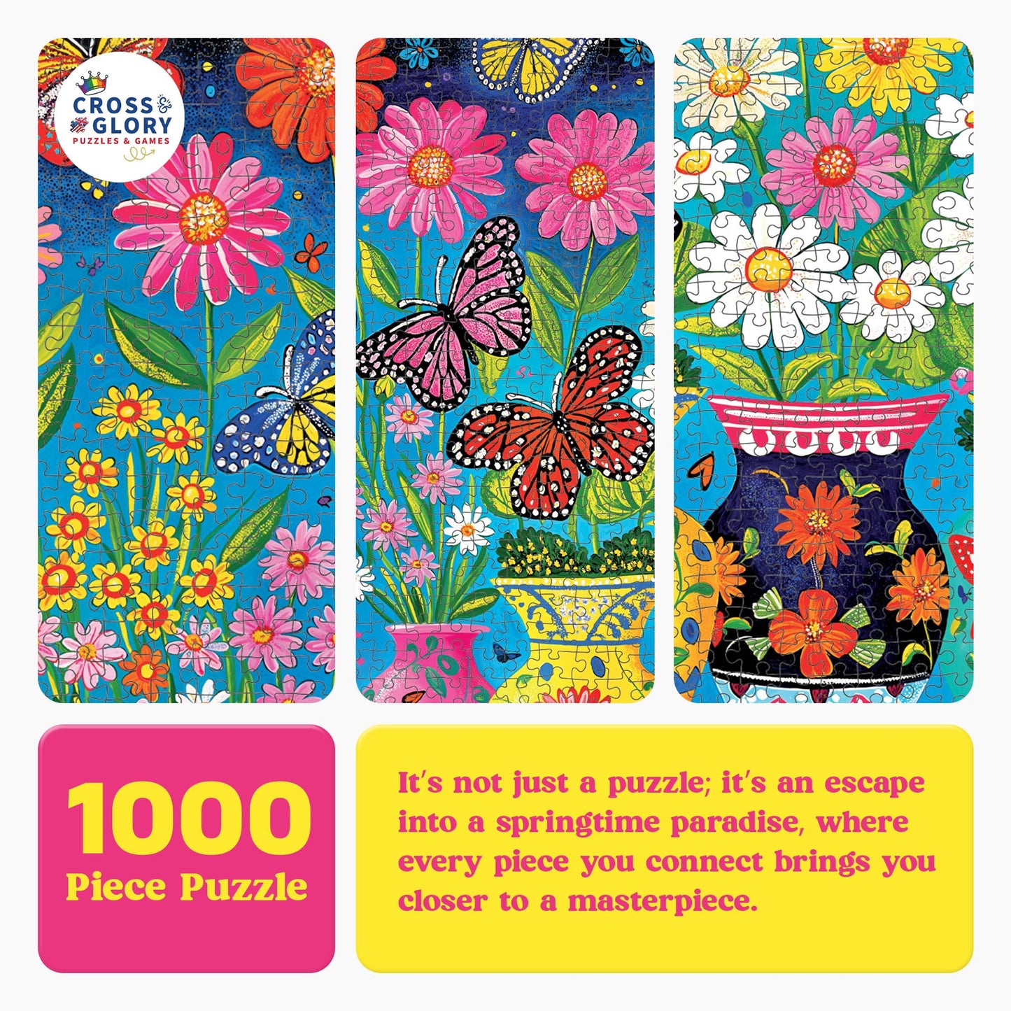 Cross & Glory - Blooming Butterflies - 1000 Piece Jigsaw Puzzle for Adults | Best New Spring Garden Puzzle | Vibrant Butterfly a