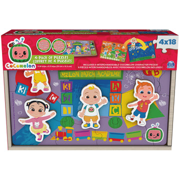 Cocomelon, 4-Pack Wooden Puzzles, 18-Pieces Each Jigsaw Toy Gift Set With Interchangeable Characters, For Kids Ages 3 And Up