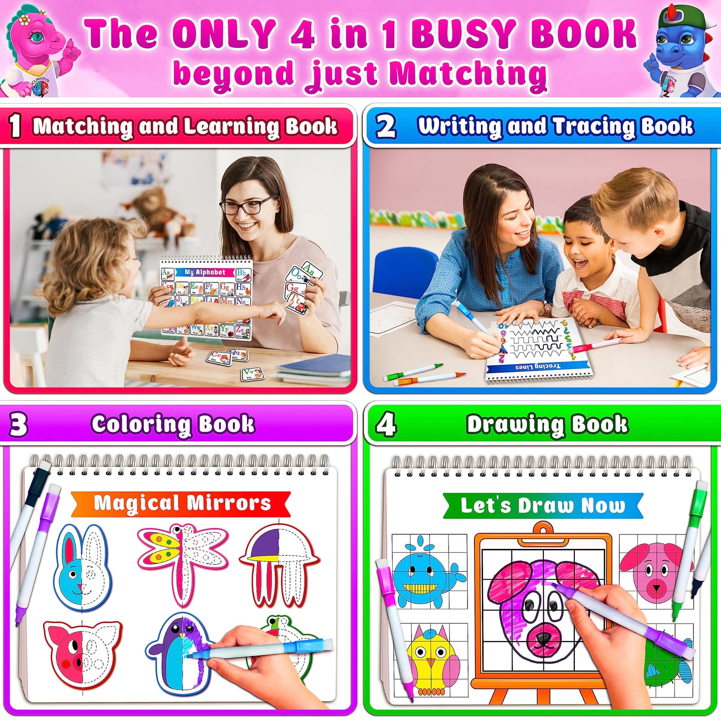 Curious 2 Learn Montessori Preassembled Busy Book For Toddlers Ages 3 And Up, Pre K Preschool Learning Activities Book - Autism Sensory Learning & Education Toys Kindergarten Workbook (Pink)