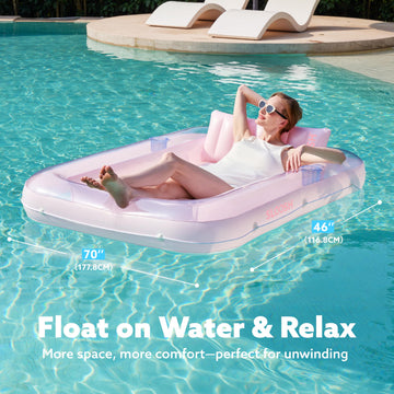 SLOOSH Inflatable Tanning Pool Lounger Float  70 x 46 Pool Floats mature-themed with Pillow  4 in 1 Suntan Tub Raft Floatie Sunbathing Bed Lounge for Water Blow Up Kids Ball Pit Party Gifts  L-Purple Pink