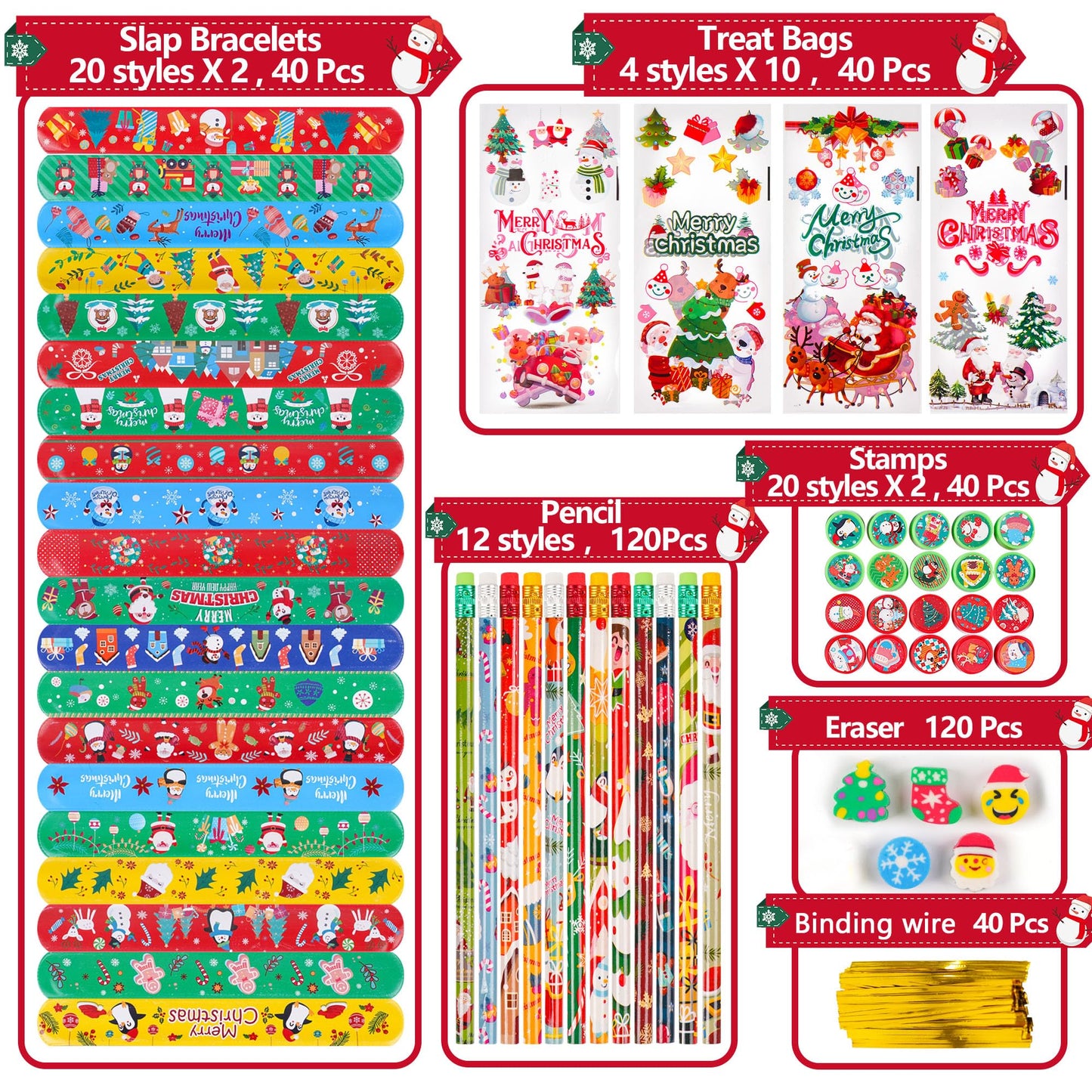 360 Pieces Christmas Stationery Party Favors Bulk: Christmas Pencil Eraser Slap Bracelets Stamps Treat Bags for Kids Classroom G