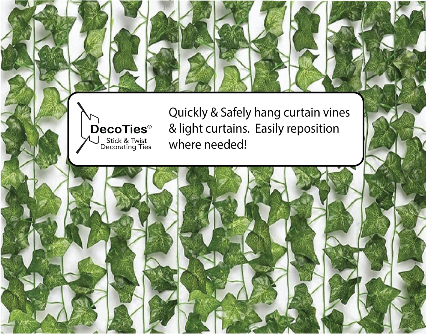 DECOTIES Brand Fasteners, Stick & Twist Decorating Ties for Hanging Light Strings, Garlands, Streamers, Light Curtains, Vines, L