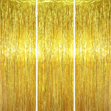 Voircoloria 3 Pack 3.3 x 6.6 ft Gold Foil Fringe Backdrop Curtains, Tinsel Streamers Party Decorations, Fringe Backdrop for Birt