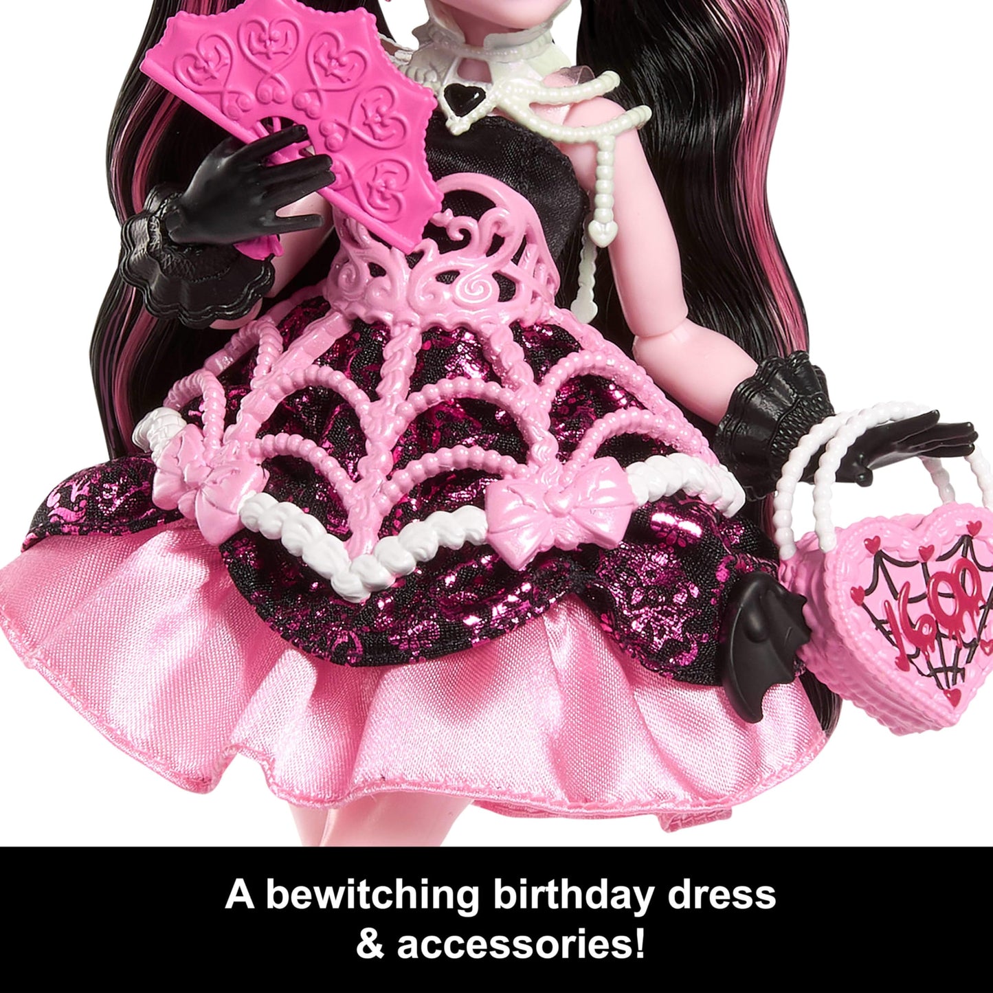 Monster High Scary Sweet Birthday Doll  Draculaura in Pink Party Dress with Themed Accessories Like Invite  Balloon  Gift  Fan and More