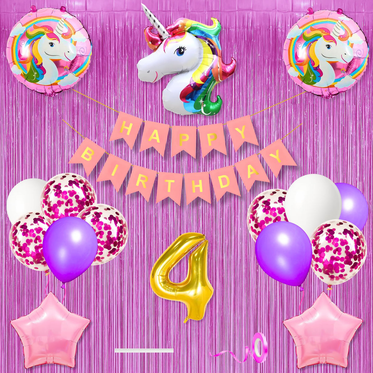 4Th Unicorn Theme Happy Birthday Banner Decoration Kit Light Pink For 4 Year Old Baby Boys Girls Kids 5 Pc Unicorn Theme 10 Pc P
