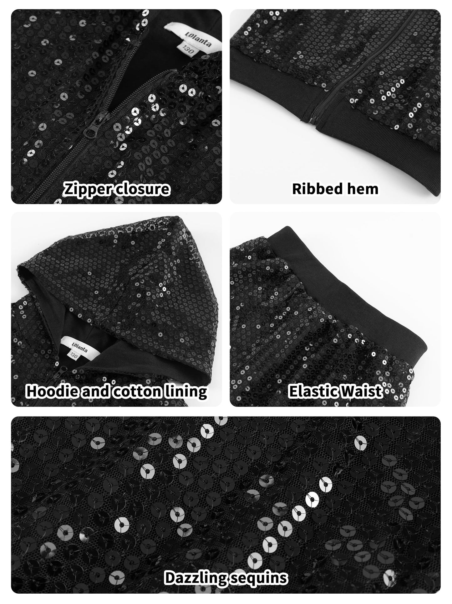 Lolanta Girls Sequin Jacket Dance Trouser Sequin Black Dance Outfits Spring Coat Hip-Hop Dance Costume (Black, 5-6 Years)