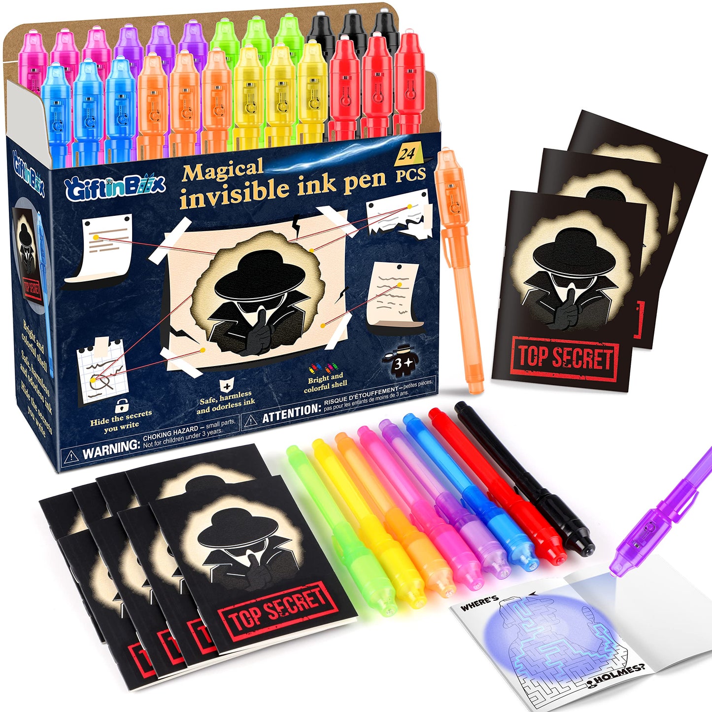 Giftinbox Invisible Ink Pens With Uv Light For Kids, Spy Pen Party Favors For Kids 8-12, 24Pack Invisible Ink Pen And Notebook, Uv Pen For Secret Message Escape Room Birthday Party Favors For Kids 4-8