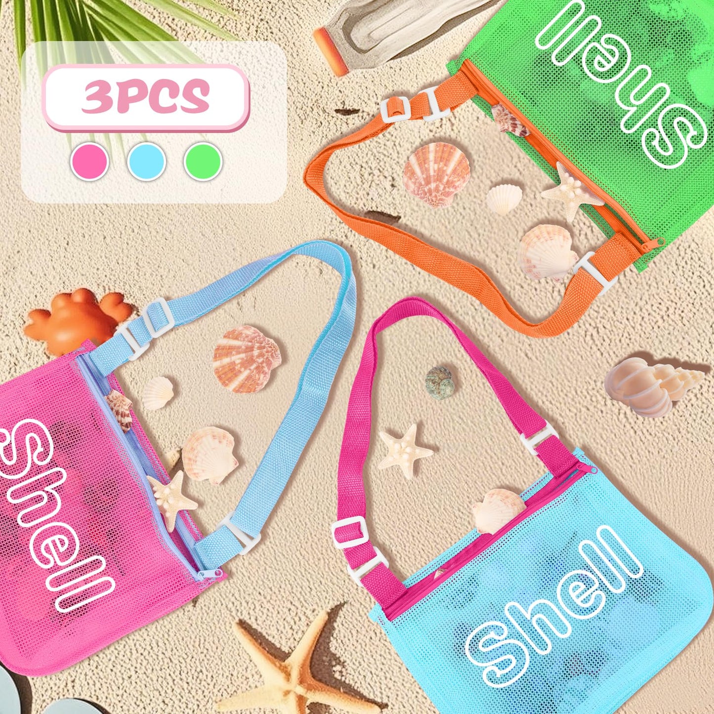 3Pcs Kids Letter Beach Shell Bag, Seashell Mesh Zipper Beach Pouch, Shell Collecting Bag for Holding Shells with Adjustable Stra