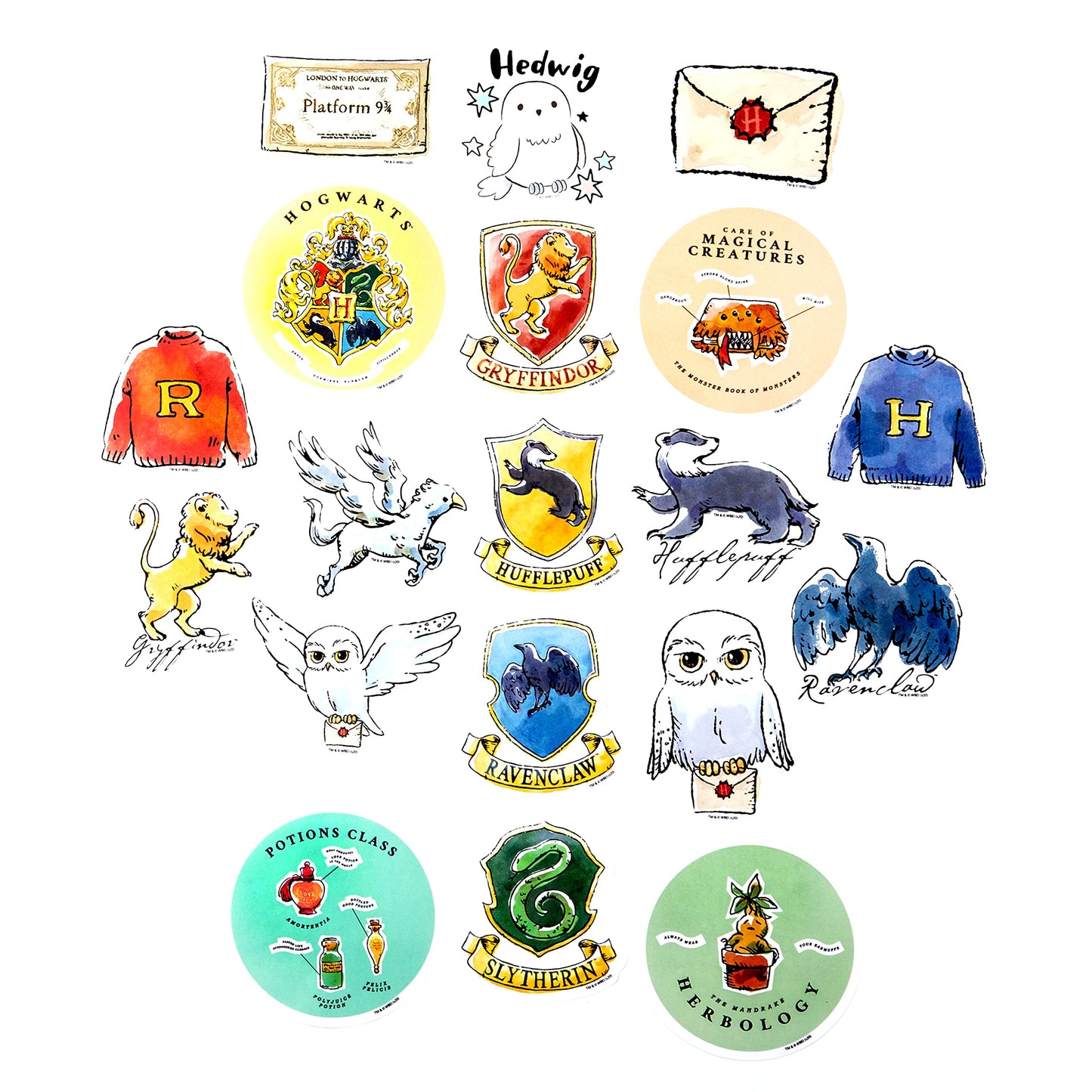 CON*QUEST Harry Potter Watercolor Vinyl Stickers, 60-Pack, Waterproof, UV & Scratch Resistant, White Vinyl, Officially Licensed