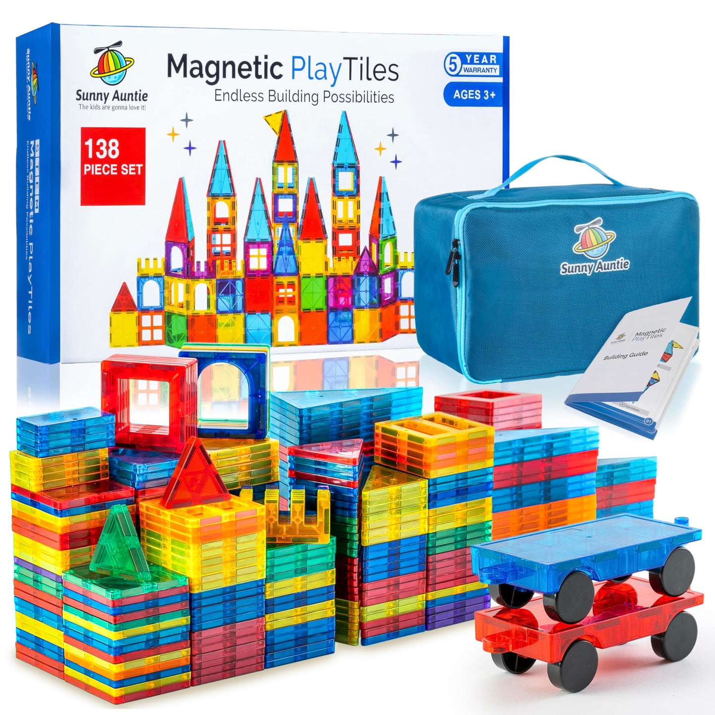 SUNNY AUNTIE Magnetic Tiles 138 PCS+ Bonus Zippered CASE, Magnetic Tiles for Kids Toy for 3 4 5 6 7 8 Year Old Boys & Girls, Gre
