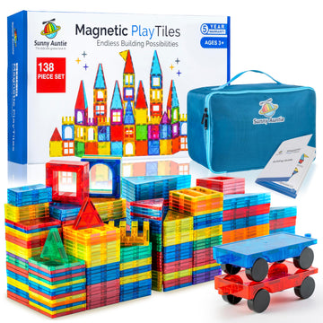 SUNNY AUNTIE Magnetic Tiles 138 PCS+ Bonus Zippered CASE, Magnetic Tiles for Kids Toy for 3 4 5 6 7 8 Year Old Boys & Girls, Gre