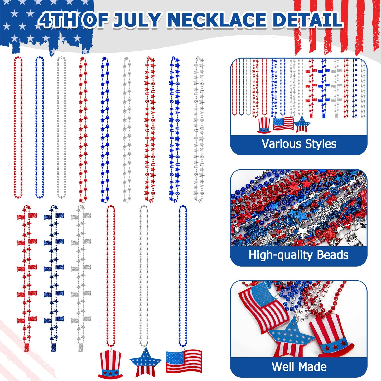 EOBOH 4th of July Necklace Accessories, 24PCS Independence Day Beads Necklaces Bulk, 15 Kinds Fourth of July Red Blue White Star
