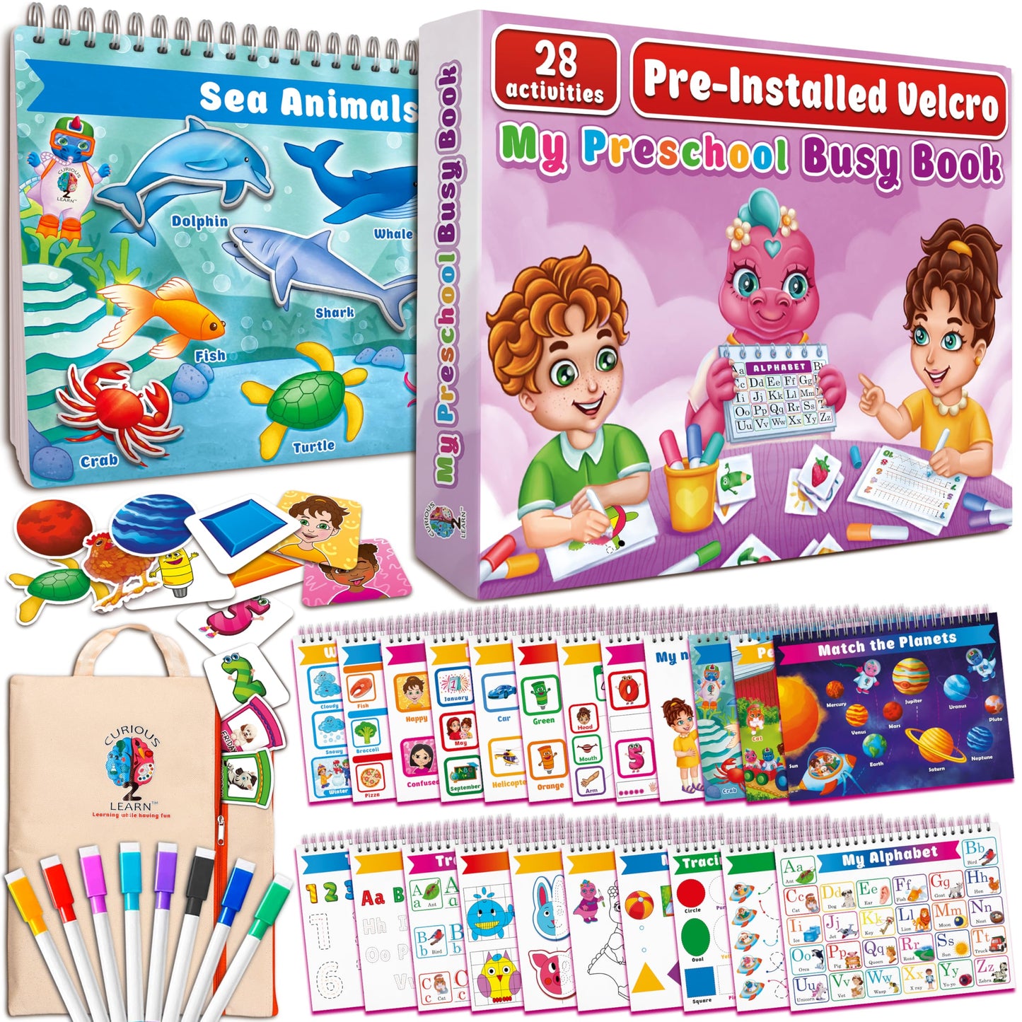 Curious 2 Learn Montessori Preassembled Busy Book For Toddlers Ages 3 And Up, Pre K Preschool Learning Activities Book - Autism Sensory Learning & Education Toys Kindergarten Workbook (Pink)