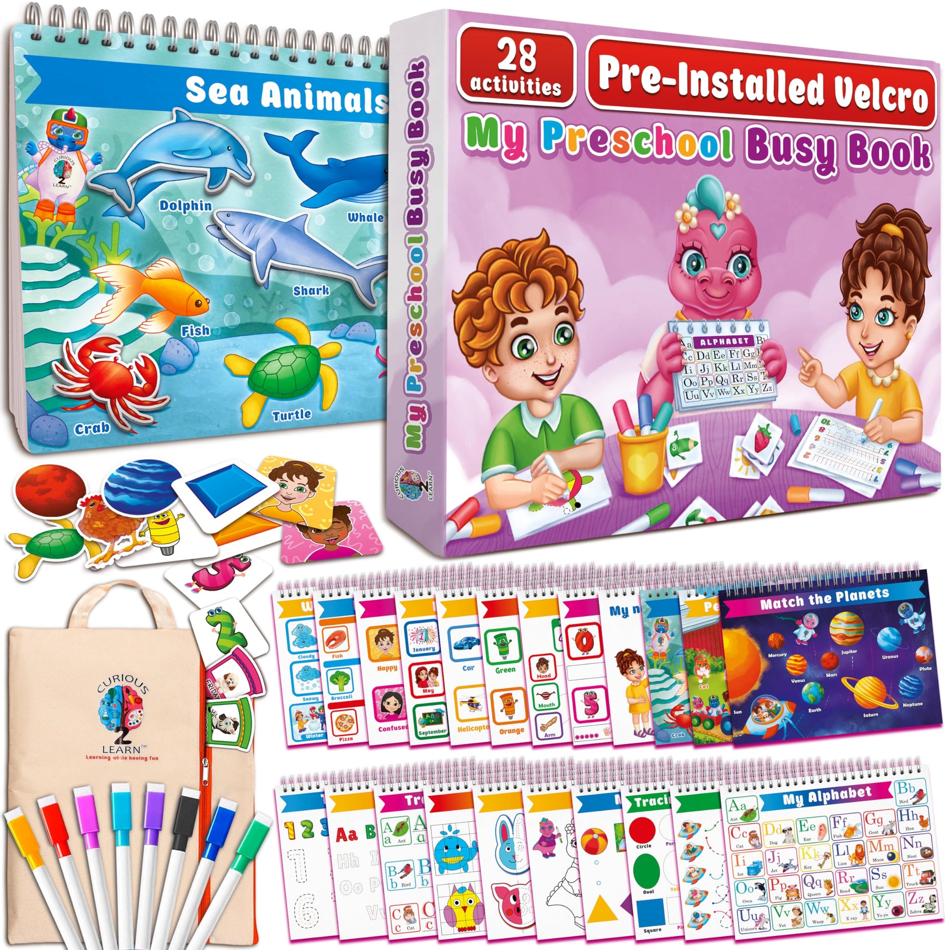 Curious 2 Learn Montessori Preassembled Busy Book For Toddlers Ages 3 And Up, Pre K Preschool Learning Activities Book - Autism Sensory Learning & Education Toys Kindergarten Workbook (Pink)