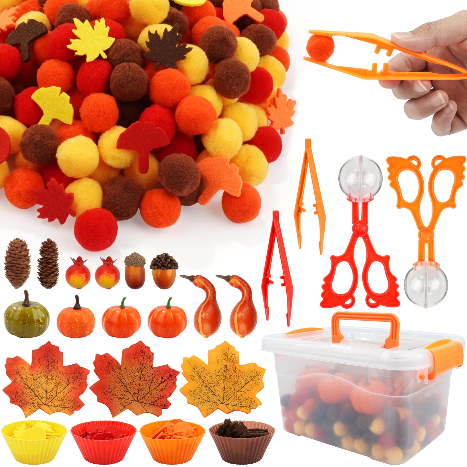 Fall Sensory Bin Fillers - 353 PCS Thanksgiving Fine Motor Toys for Kids  Autumn Counting Sorting Set with Felt Leaves Tweezers & Clip for Sorting Counting Training Preschool Learning Activity
