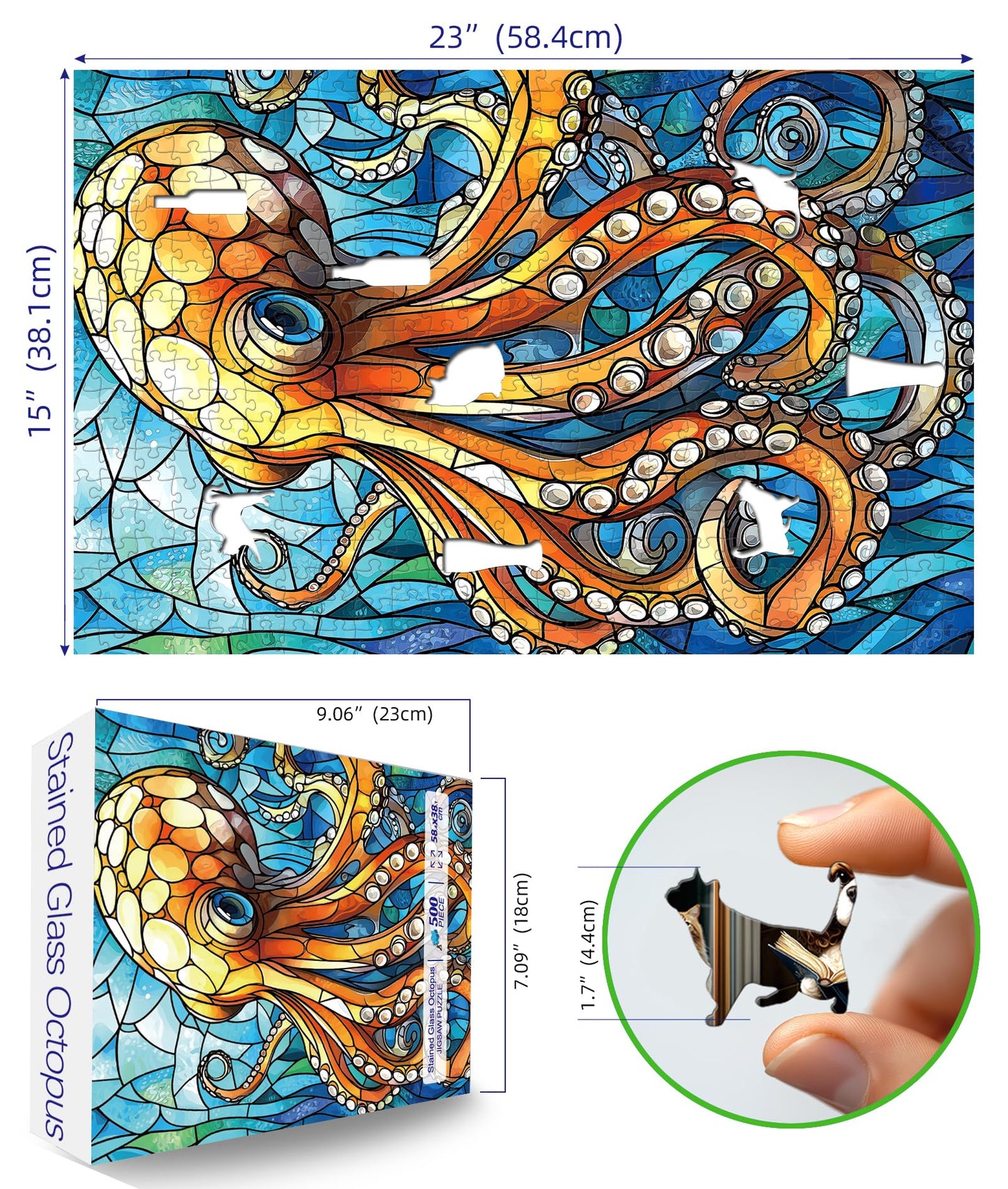 Blueforest 500 Piece Stained Glass Octopus Jigsaw Puzzle, 23" x 15", Cardboard, Blue-500 Piece, Ocean Art for Adults and Family Fun