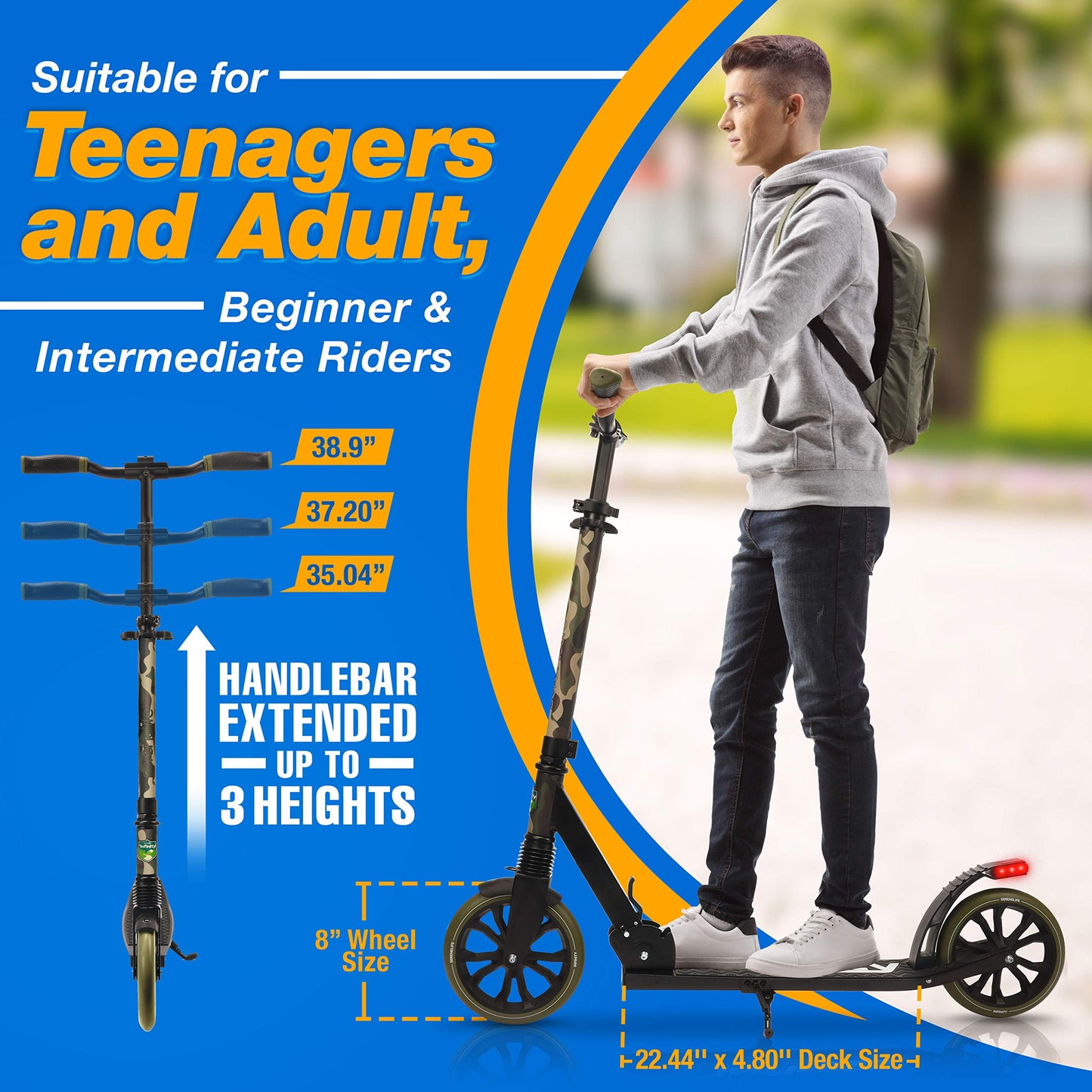 SereneLife Kick Scooter mature-themed Teenagers Kids- 2 Wheel Kids Scooter with Adjustable T-Bar Handlebar - Alloy Anti-Slip Deck - Portable Folding Scooters for Kids with Carrying Strap - Camouflage