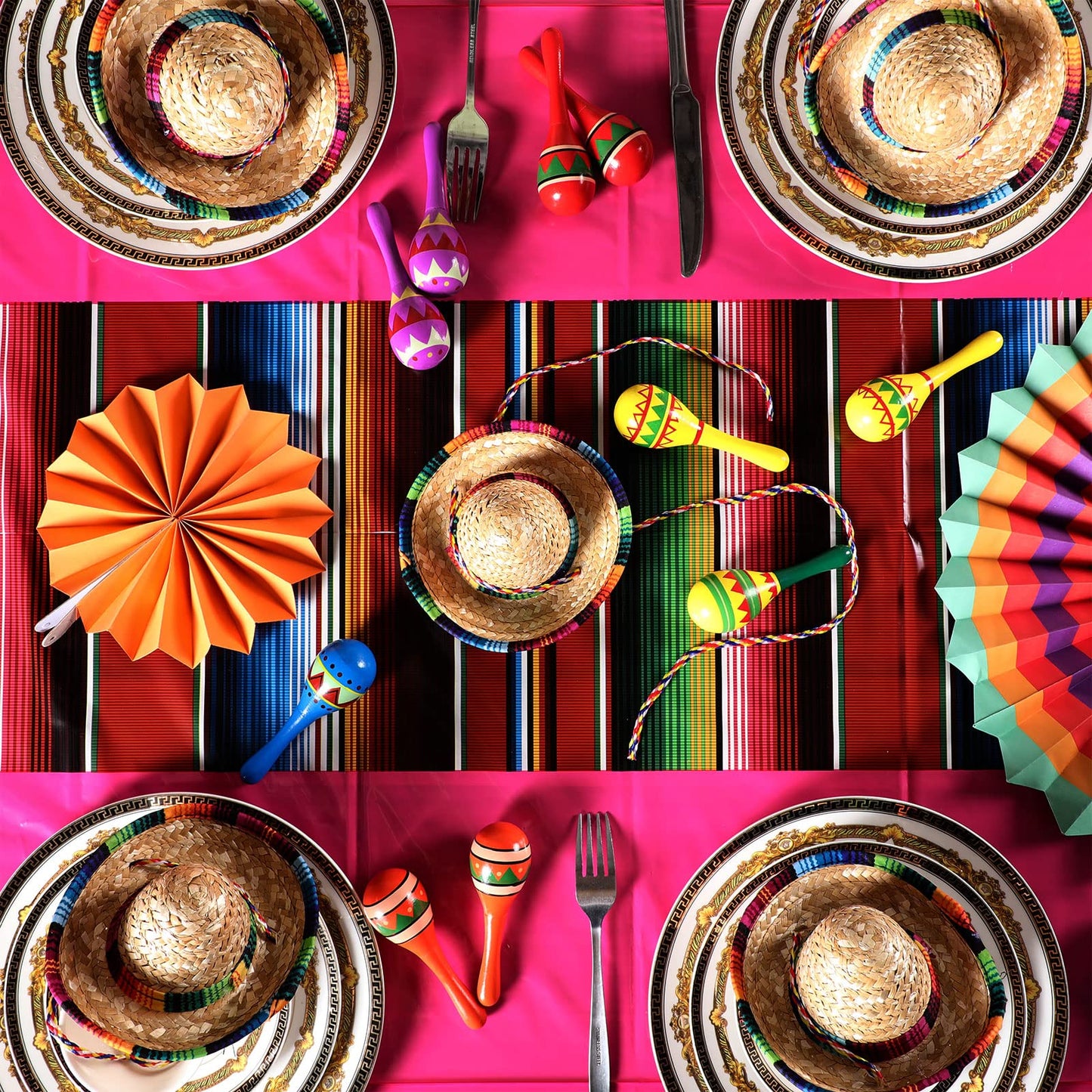 Hosuly Mexican Fiesta Tablecloth 54 x 108   Party Plastic Tablecloth Striped Table Cover for Mexican Fiesta Party Decorations(