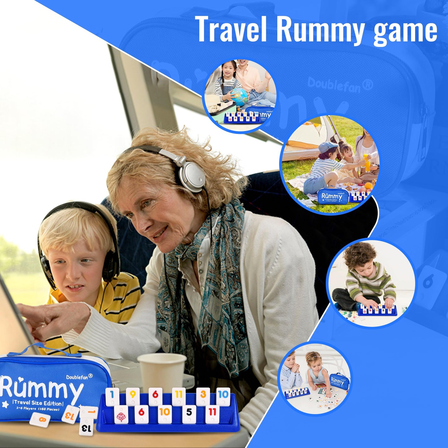 Doublefan Mini Rummy Cube Game - Portable Travel Size Set with 160 Tiles, 6 Racks, Dice, Canvas Bag, Multicolor, Model DF-Rummy01