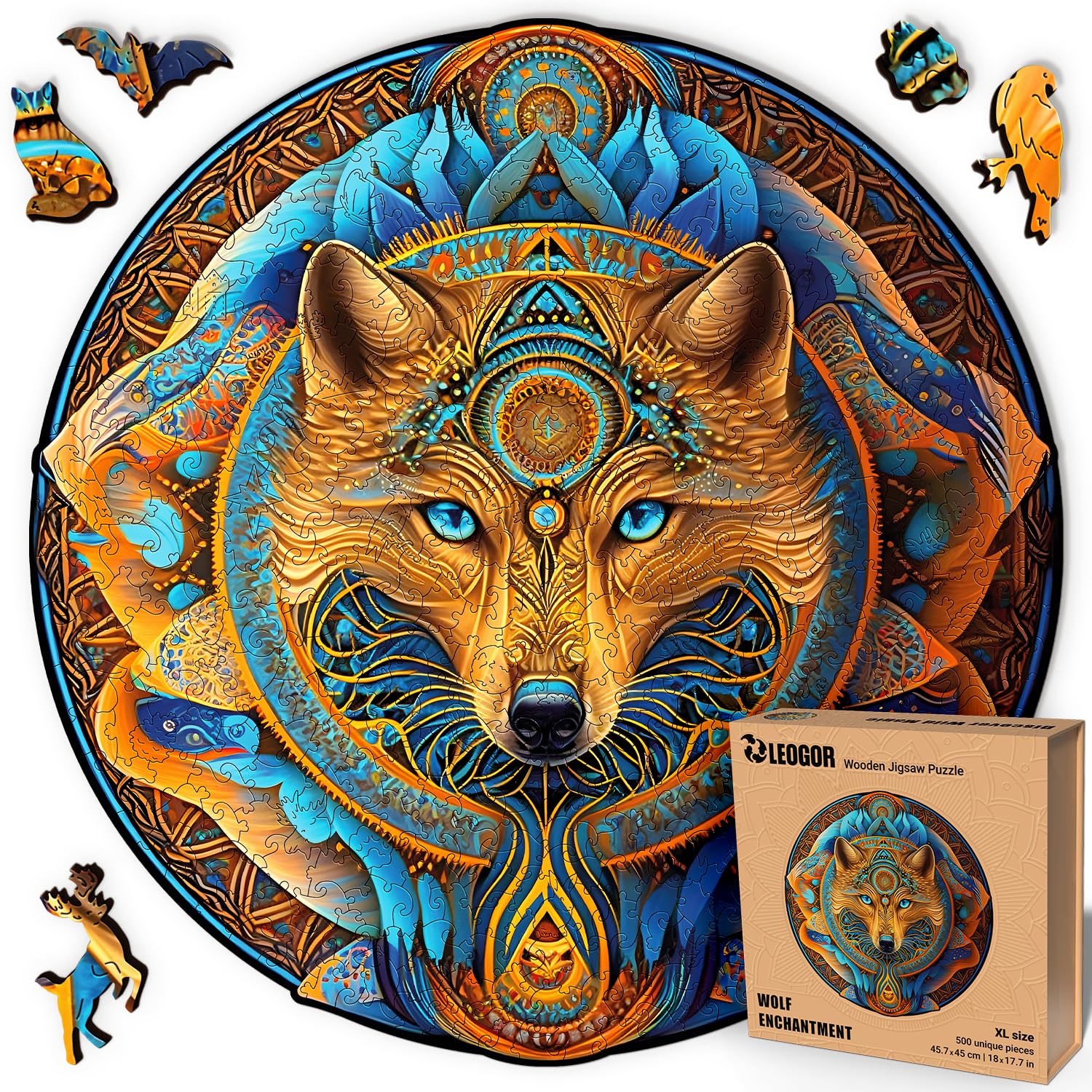Wolf Enchantment - 500 Piece Wooden Puzzles for mature-themeds - 18 x 17.7 in - Extra-Thick 5 mm Wood Puzzle  Hand-Shaped Pieces  Round XL Mosaic Design - enhanced Gift for Puzzle Lovers by LEOGOR