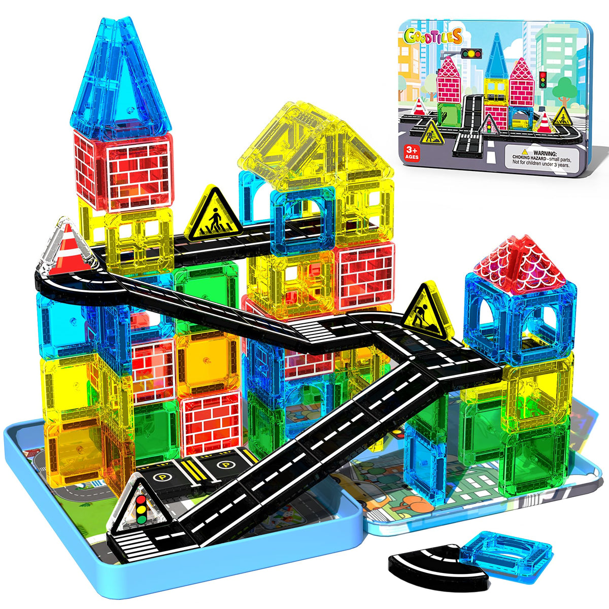 Mini Magnetic Tiles Road Set, STEM Building Toys for Kids Ages 38
