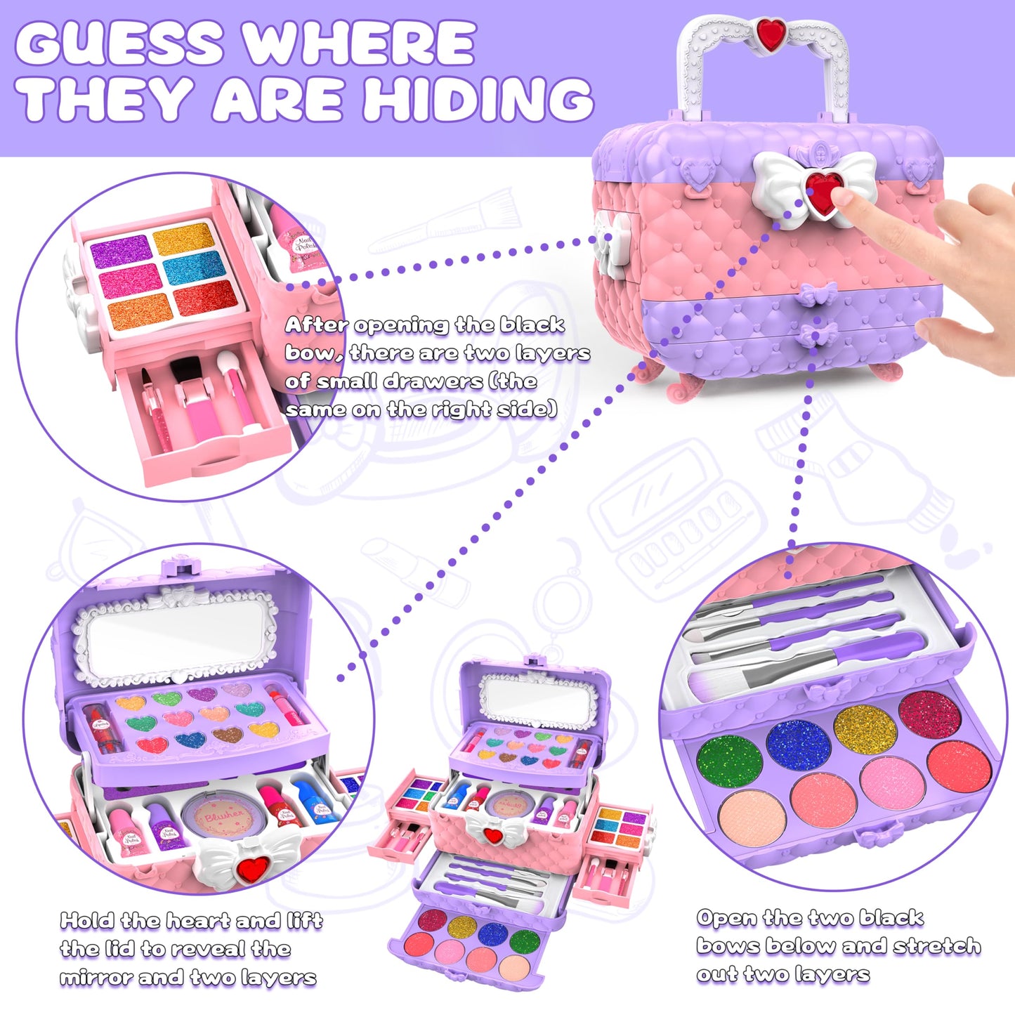 54 Pcs Kids Makeup Kit for Girls, Princess Real Washable Pretend Play Cosmetic Set Toys with Mirror, Birthday Gifts for 3 4 5 6