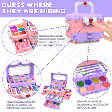 54 Pcs Kids Makeup Kit for Girls, Princess Real Washable Pretend Play Cosmetic Set Toys with Mirror, Birthday Gifts for 3 4 5 6