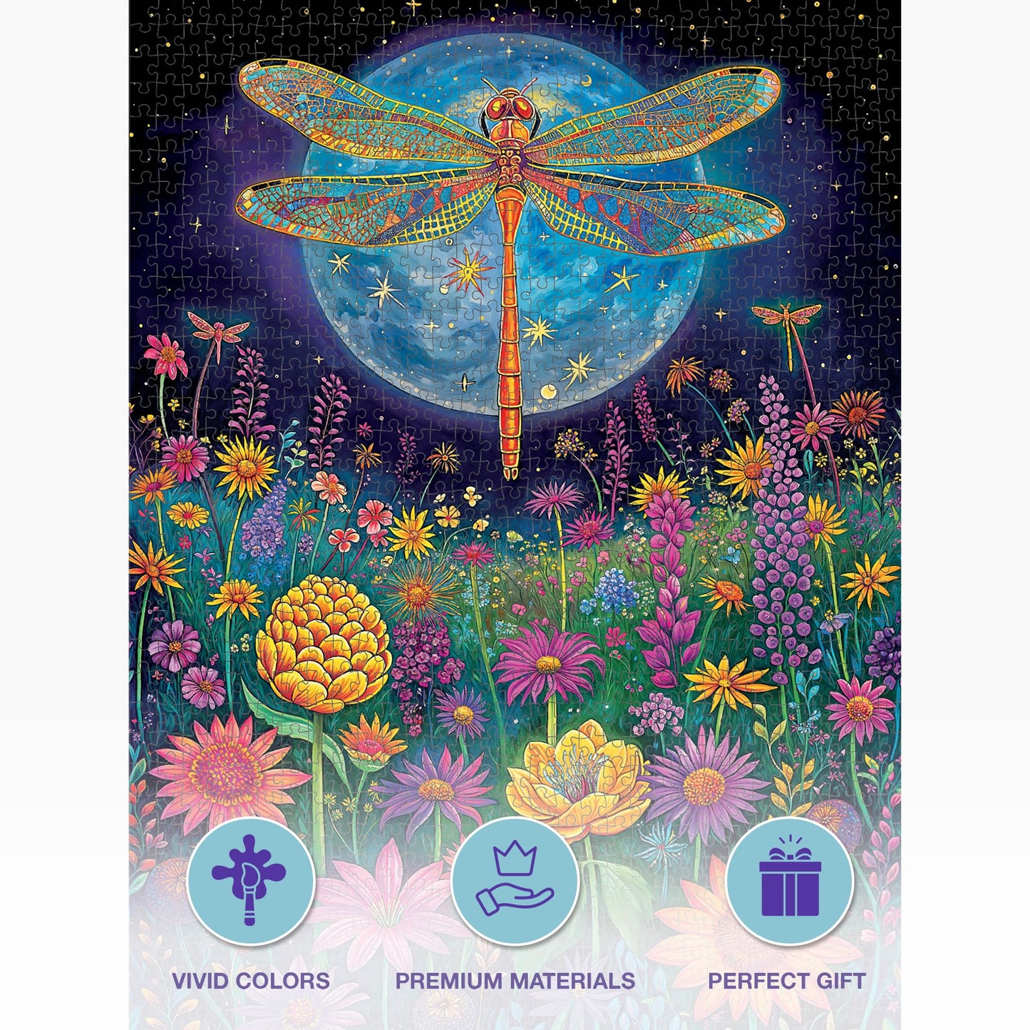 Cross & Glory 1000 Piece Jigsaw Puzzle - Lunar Symphony Dragonfly, 20x27 Inches, Durable Cardboard, Vibrant Nighttime Artwork