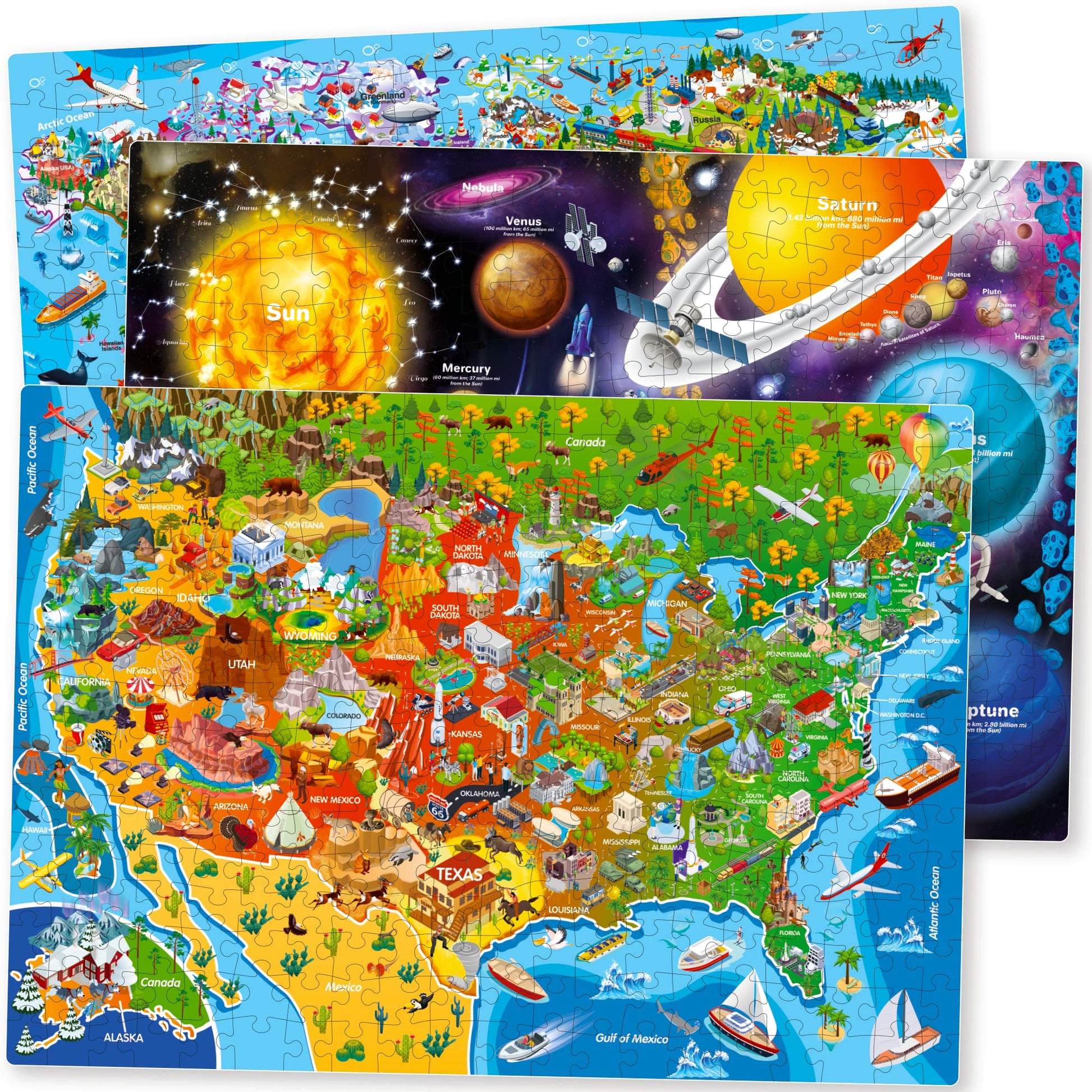 Quokka 300 Piece Floor Puzzles For Kids Ages 10-12 - 3X Set Floor Jigsaw Puzzles Large Pieces - Learning Space Usa And World Maps - Gift Game For Adults Family Boys And Girls 8-10 Year Olds