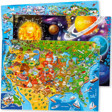 Quokka 300 Piece Floor Puzzles For Kids Ages 10-12 - 3X Set Floor Jigsaw Puzzles Large Pieces - Learning Space Usa And World Maps - Gift Game For Adults Family Boys And Girls 8-10 Year Olds