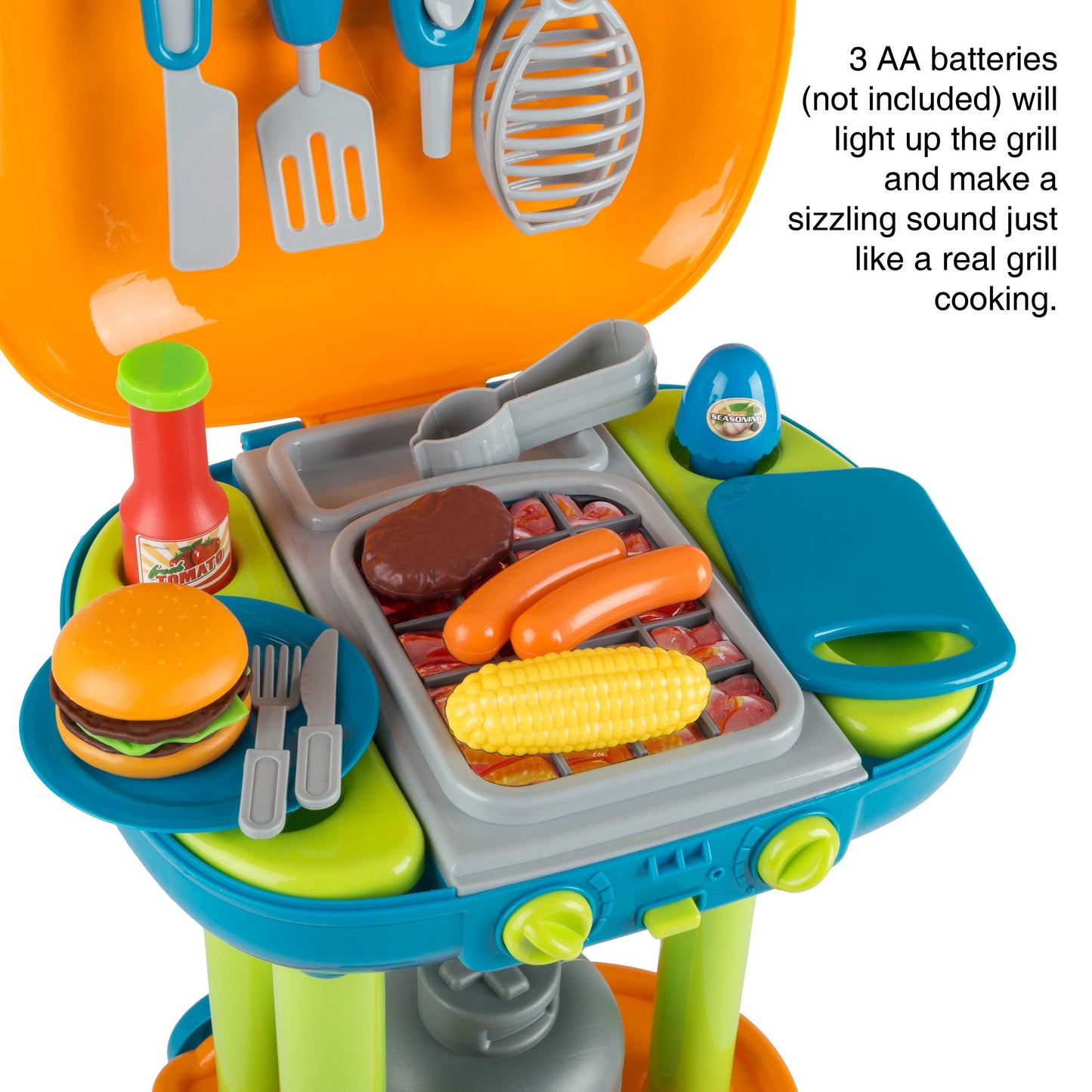 BBQ Grill Toy Set - Interactive Play Kitchen Set with Lights and Sounds, Wheels, Toy Food, and Cooking Accessories by Hey! Play!