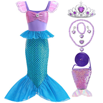 Aukidwld Little Girls Mermaid Costume Dress Up Cosplay With Bag Accessories Halloween Christmas Birthday Gift 3-4Years