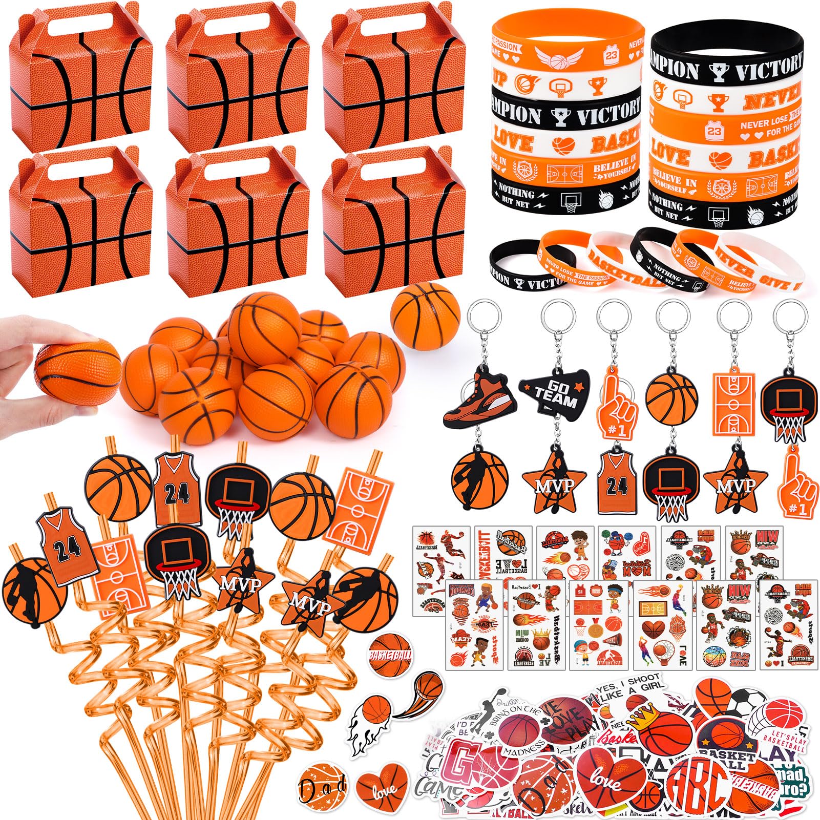 Winrayk 122Pcs Basketball Party Favors Birthday Supplies, Gift Bags Straws Stress Balls Tattoo Stickers Silicone Wristbands, Gif