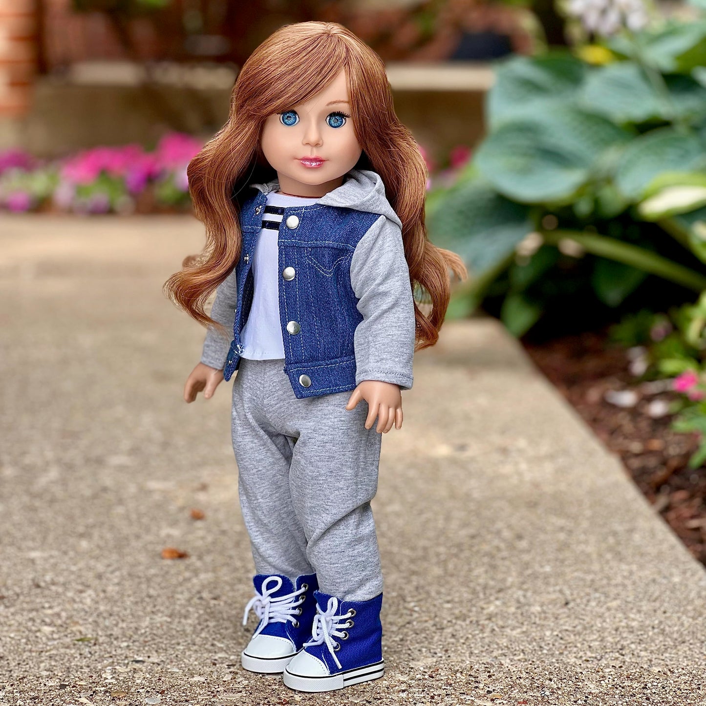 Tomboy - 4 Piece 18 Inch Doll Outfit - Jeans Jacket, Grey Sweatpants, T-Shirt Boots. ( Dolls Not Included)